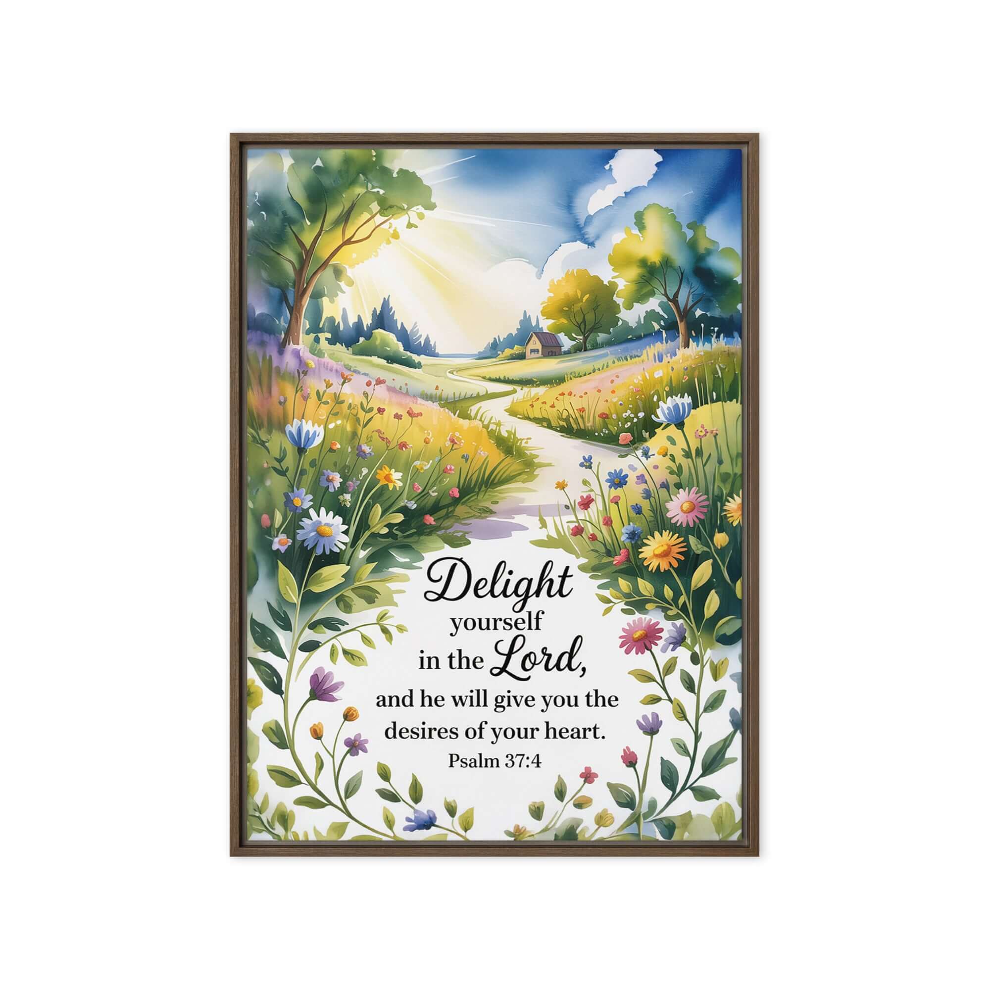 Psalm 37:4 Bible Verse, desires Framed Canvas Brown 20″×28″