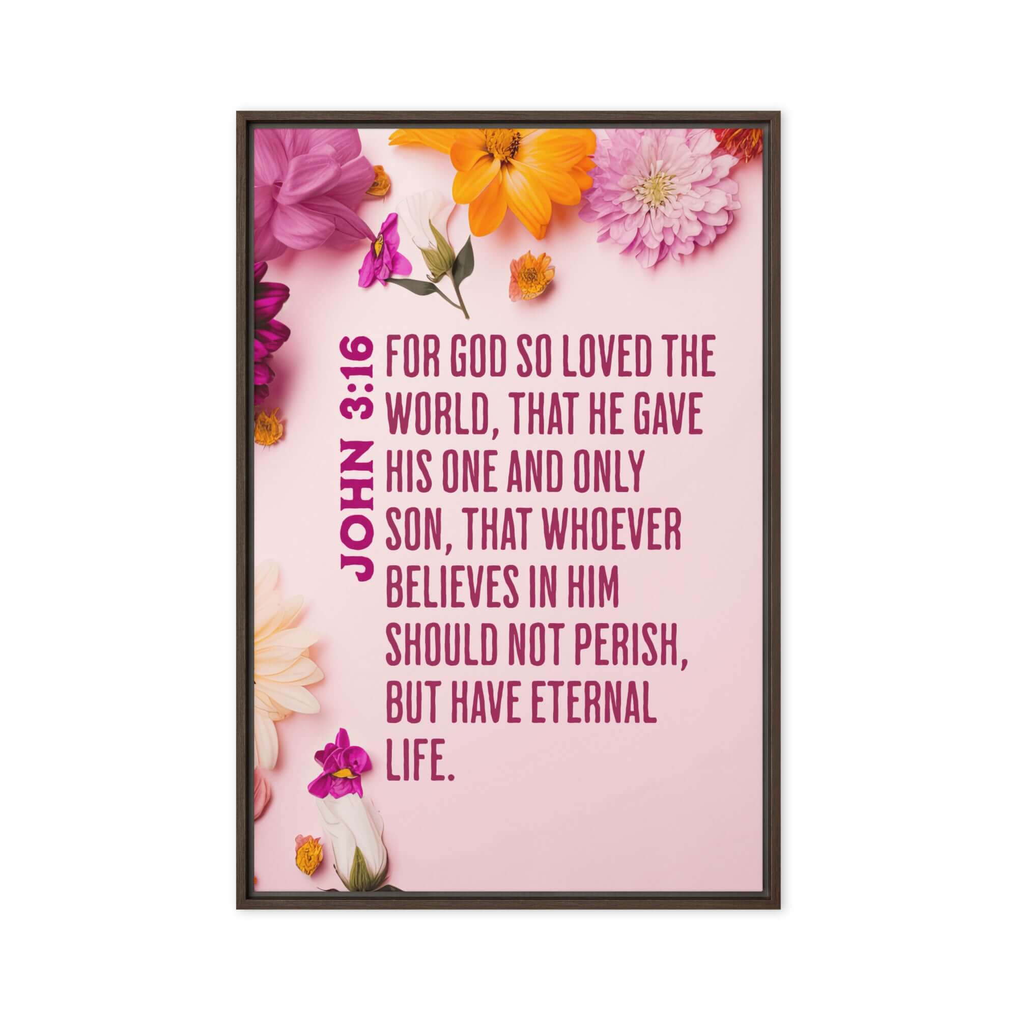 John 3:16 Bible Verse, For God So Loved Framed Canvas Print Wall Art Brown 20″×30″