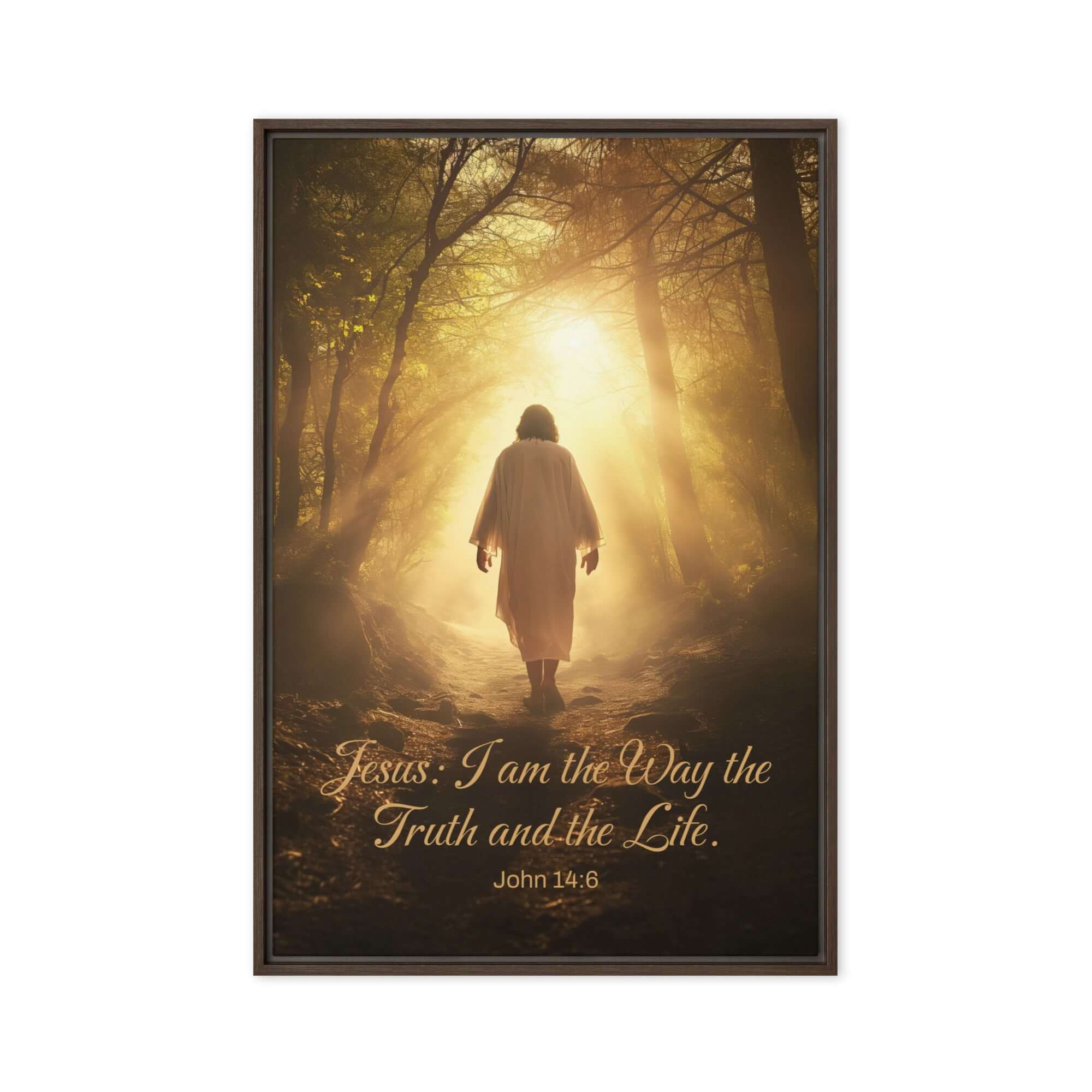 John 14:6 Bible Verse, Forest Image Framed Canvas Print Wall Art Brown 20″×30″