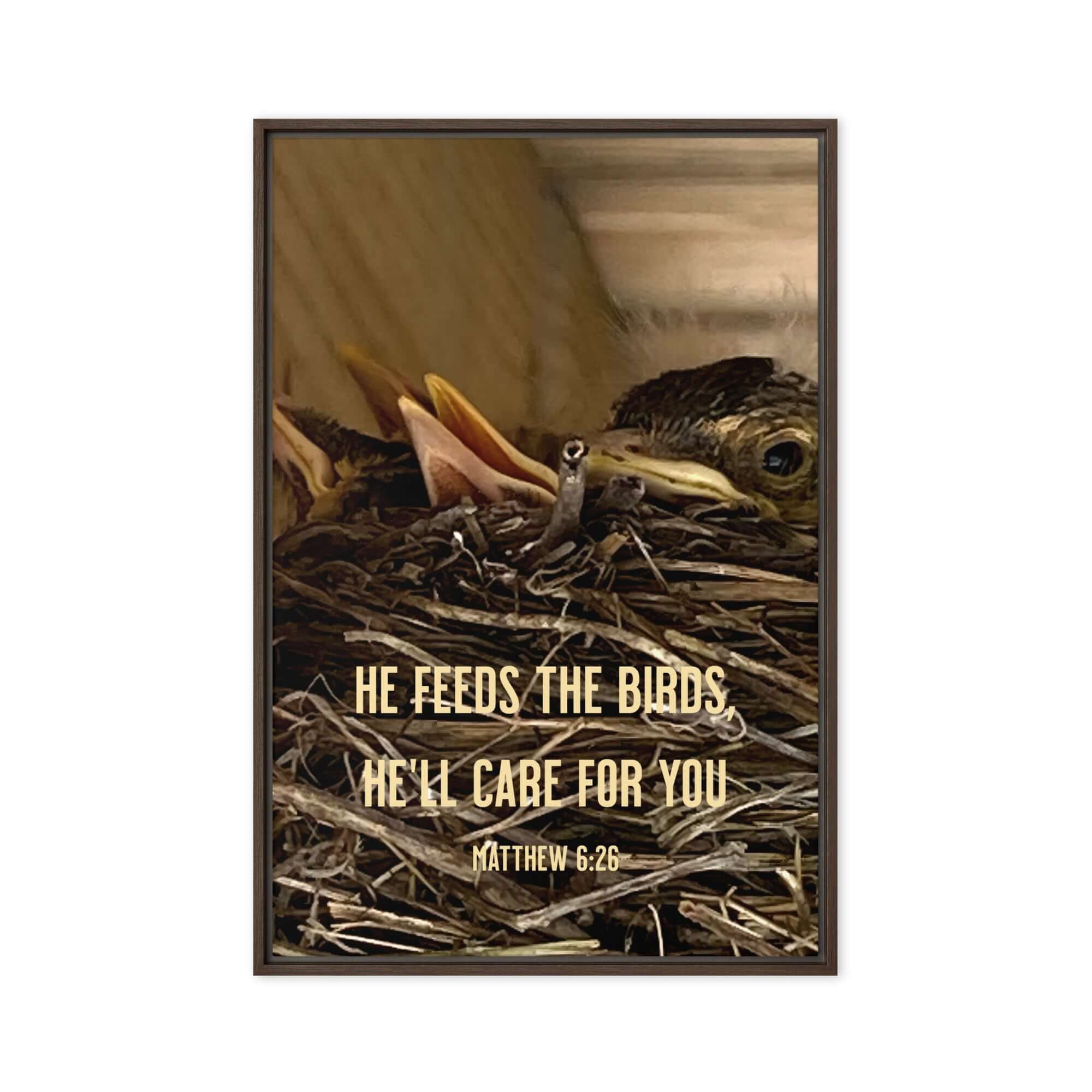 Matthew 6:26 Baby Robins, He'll Care for You Framed Canvas Print Wall Art Brown 20″×30″