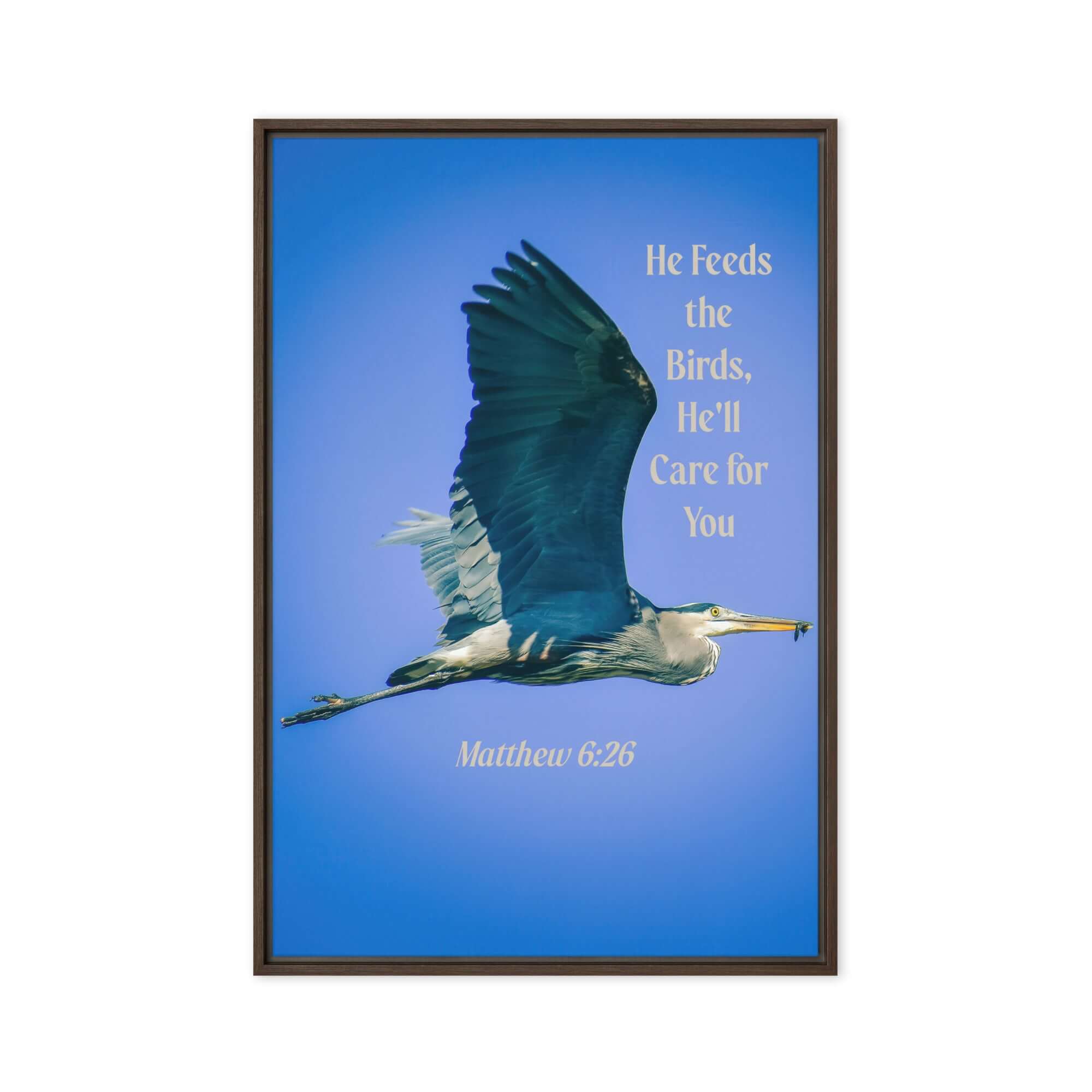 Matthew 6:26 Graceful Heron, He'll Care for You Framed Canvas Print Wall Art Brown 20″×30″