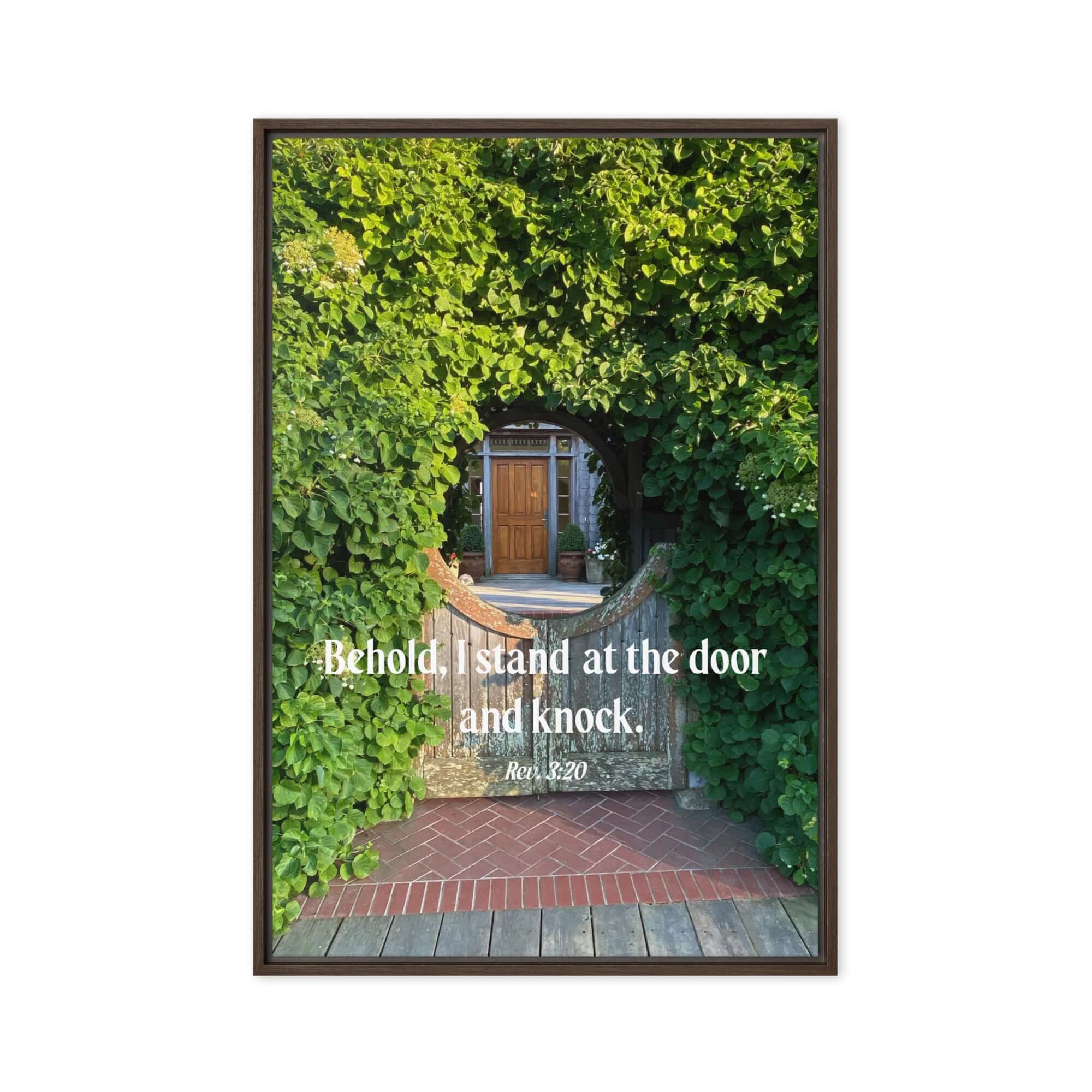 Revelation 3:20 Bible Verse, Garden Doorway Framed Canvas Print Wall Art Brown 20″×30″