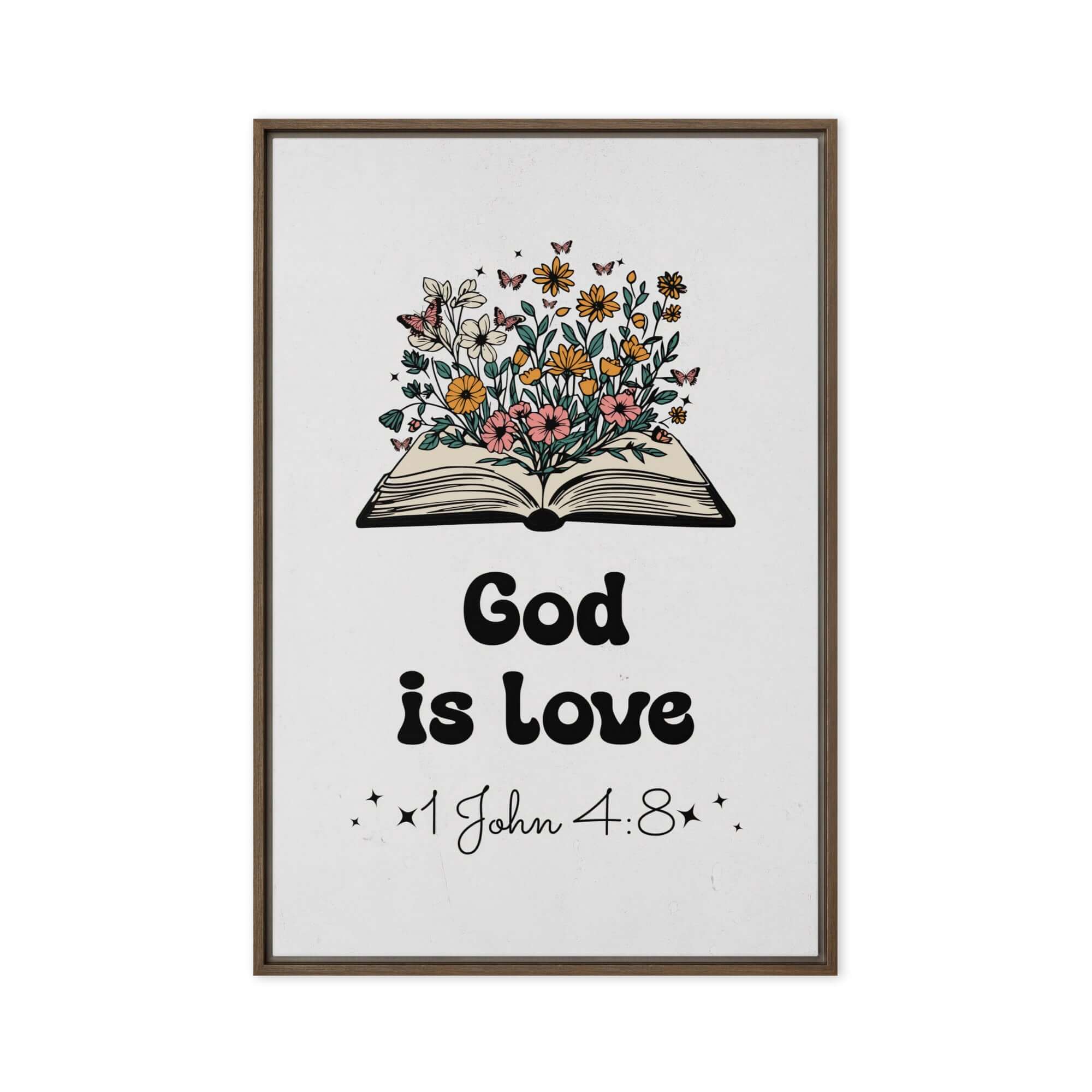 1 John 4:8 Bible Verse, God is Love Framed Canvas Print Wall Art Brown 20″×30″