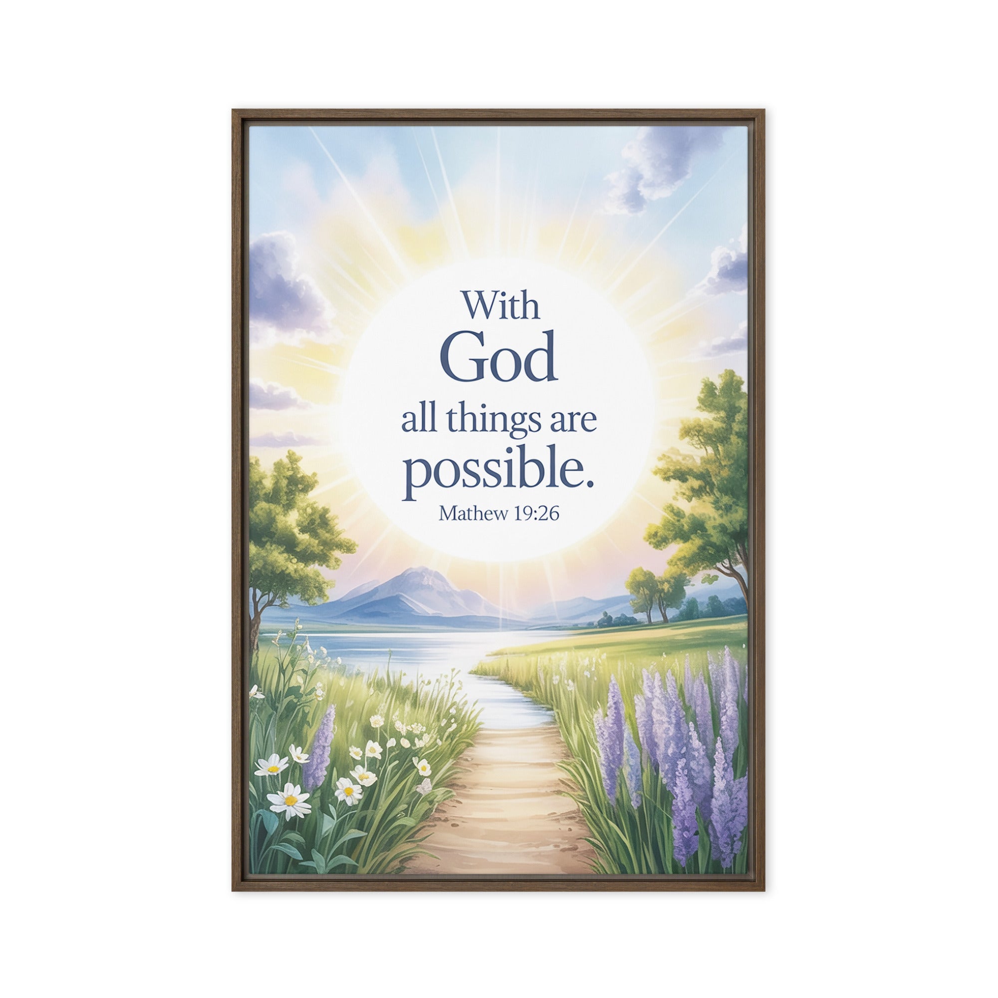 Matthew 19:26 Bible Verse Looking at Framed Canvas Brown 20″×30″