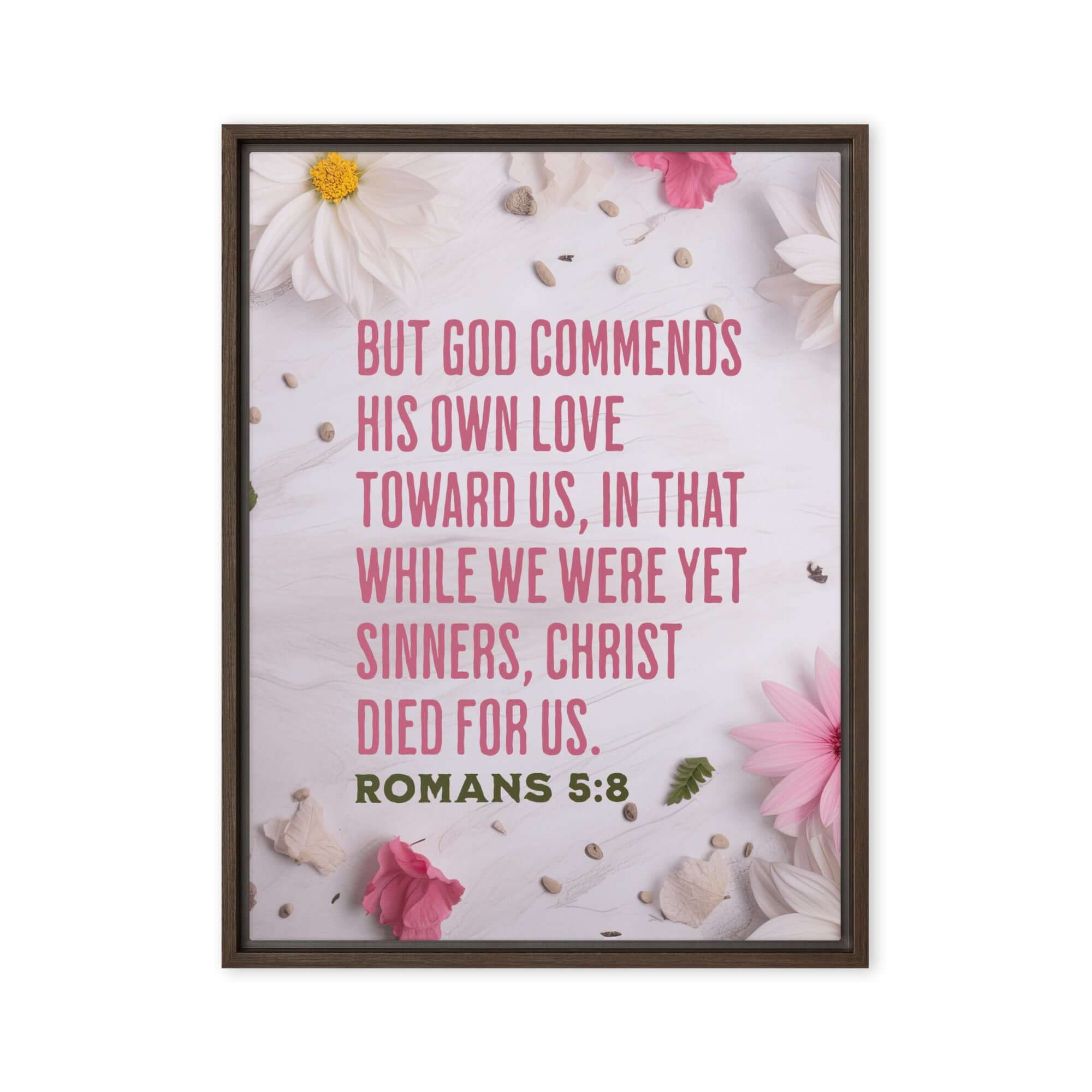 Romans 5:8 Bible Verse, Christ Died for Us Framed Canvas Print Wall Art Brown 24″×32″