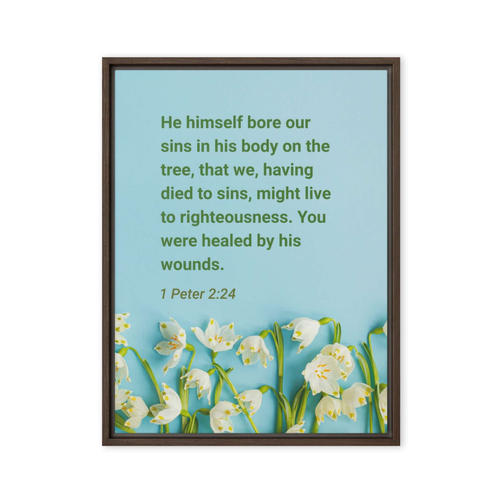 1 Peter 2:24 Bible Verse, healed by His wounds Framed Canvas Print Wall Art Brown 24″×32″