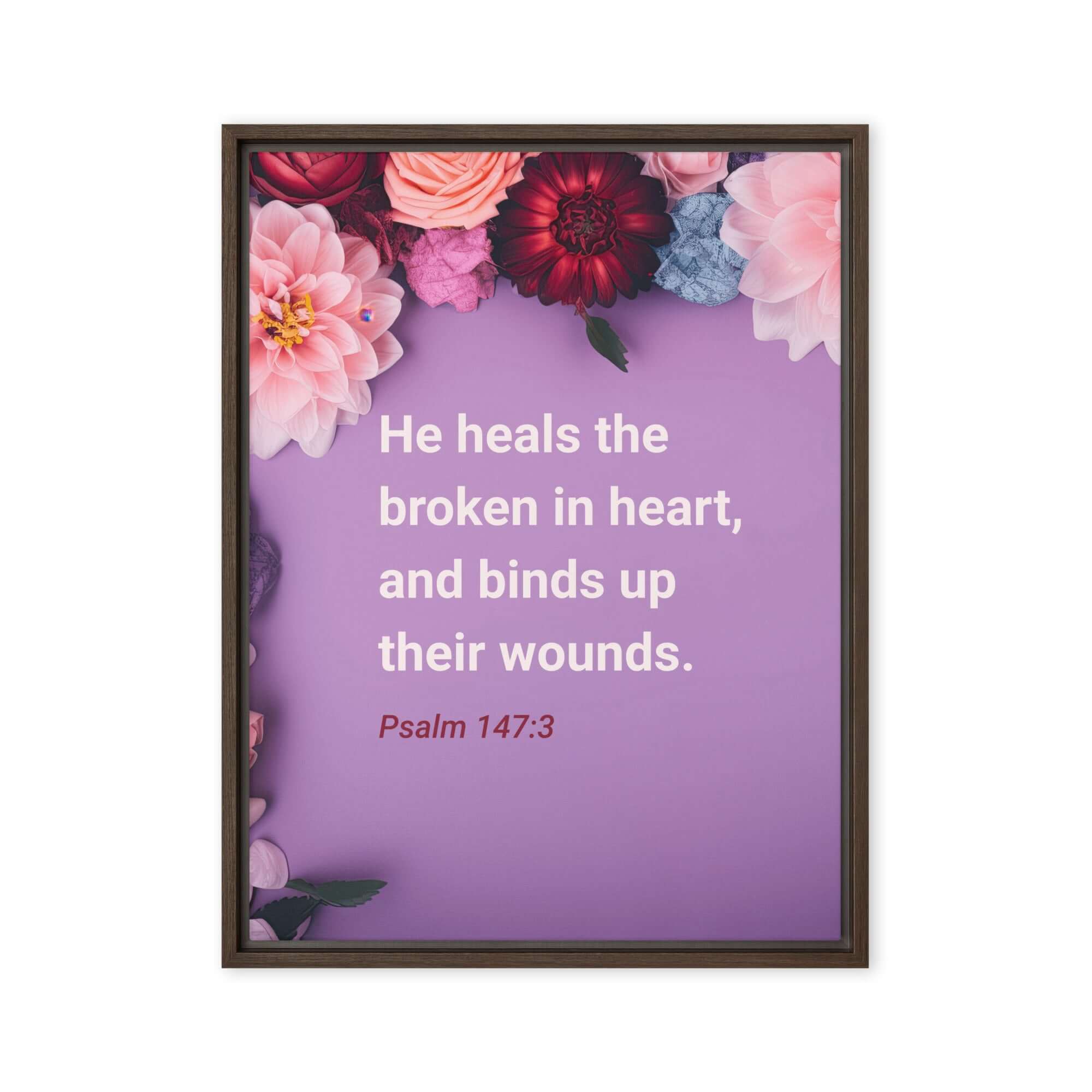 Psalm 147:3 Bible Verse, He heals the broken Framed Canvas Print Wall Art Brown 24″×32″