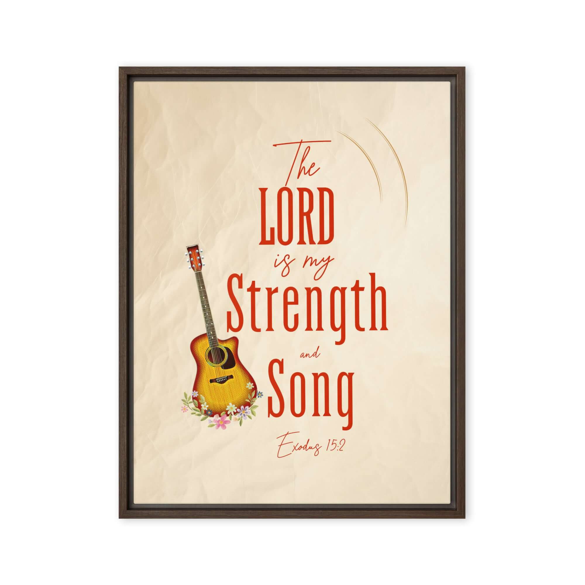 Exodus 15:2 Bible Verse, The LORD is my strength Framed Canvas Print Wall Art Brown 24″×32″