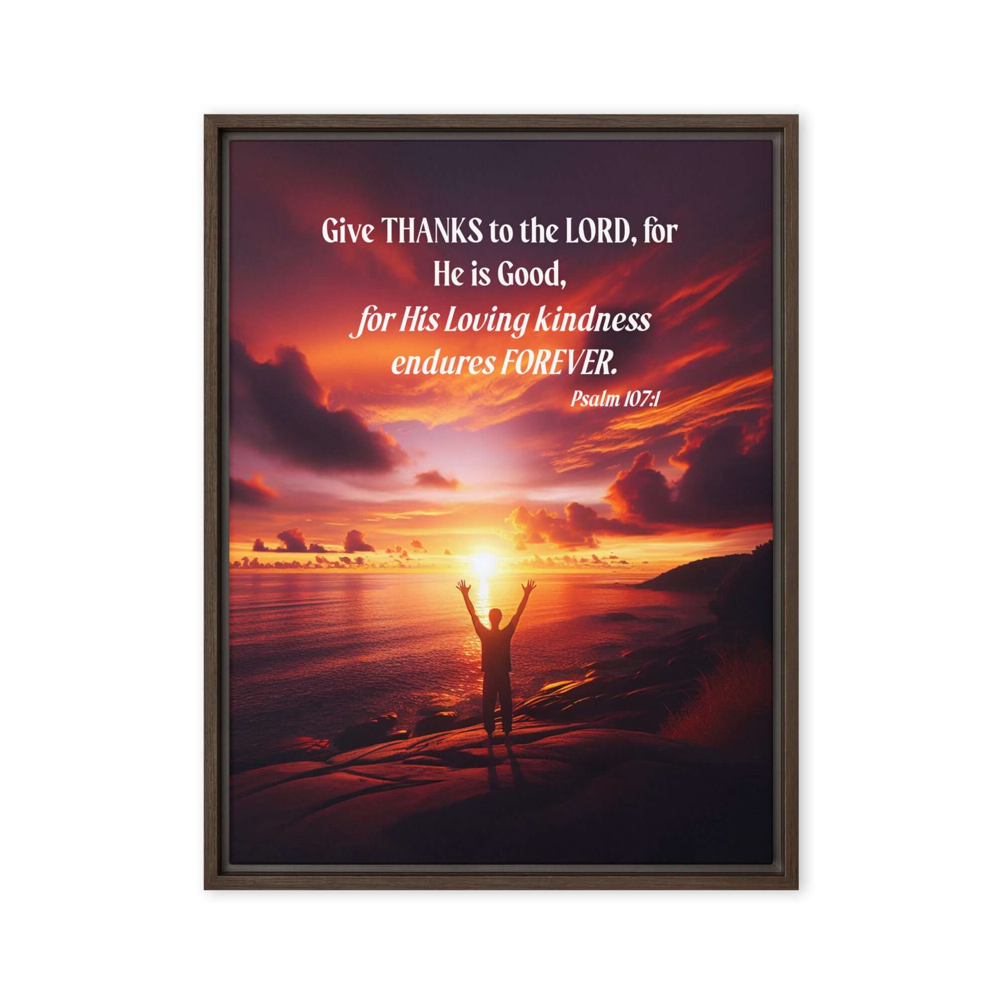 Psalm 107:1 Bible Verse, Give Thanks to the Lord Framed Canvas Print Wall Art Brown 24″×32″