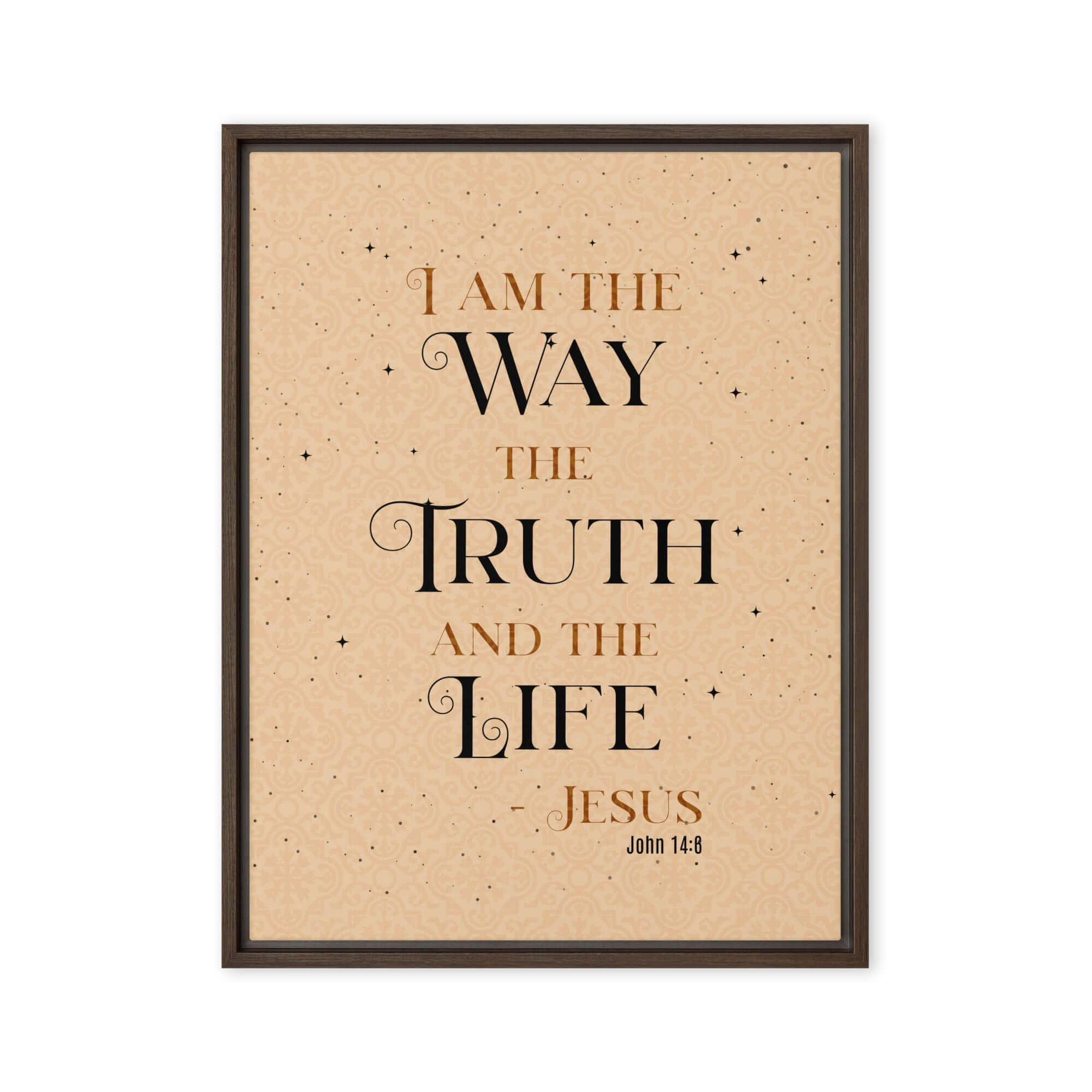 John 14:6 Bible Verse, Color Text Brown Background Framed Canvas Print Wall Art Brown 24″×32″