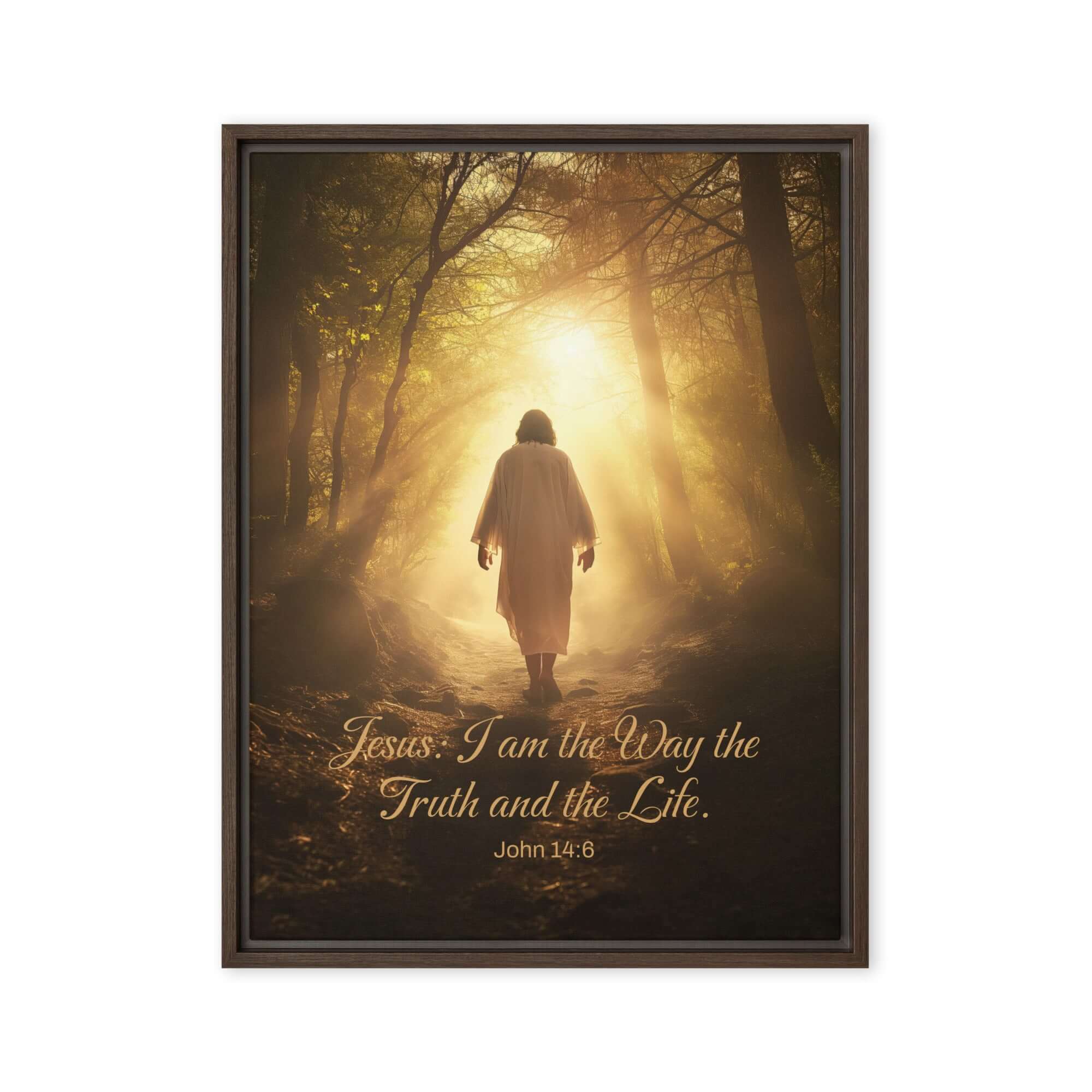 John 14:6 Bible Verse, Forest Image Framed Canvas Print Wall Art Brown 24″×32″
