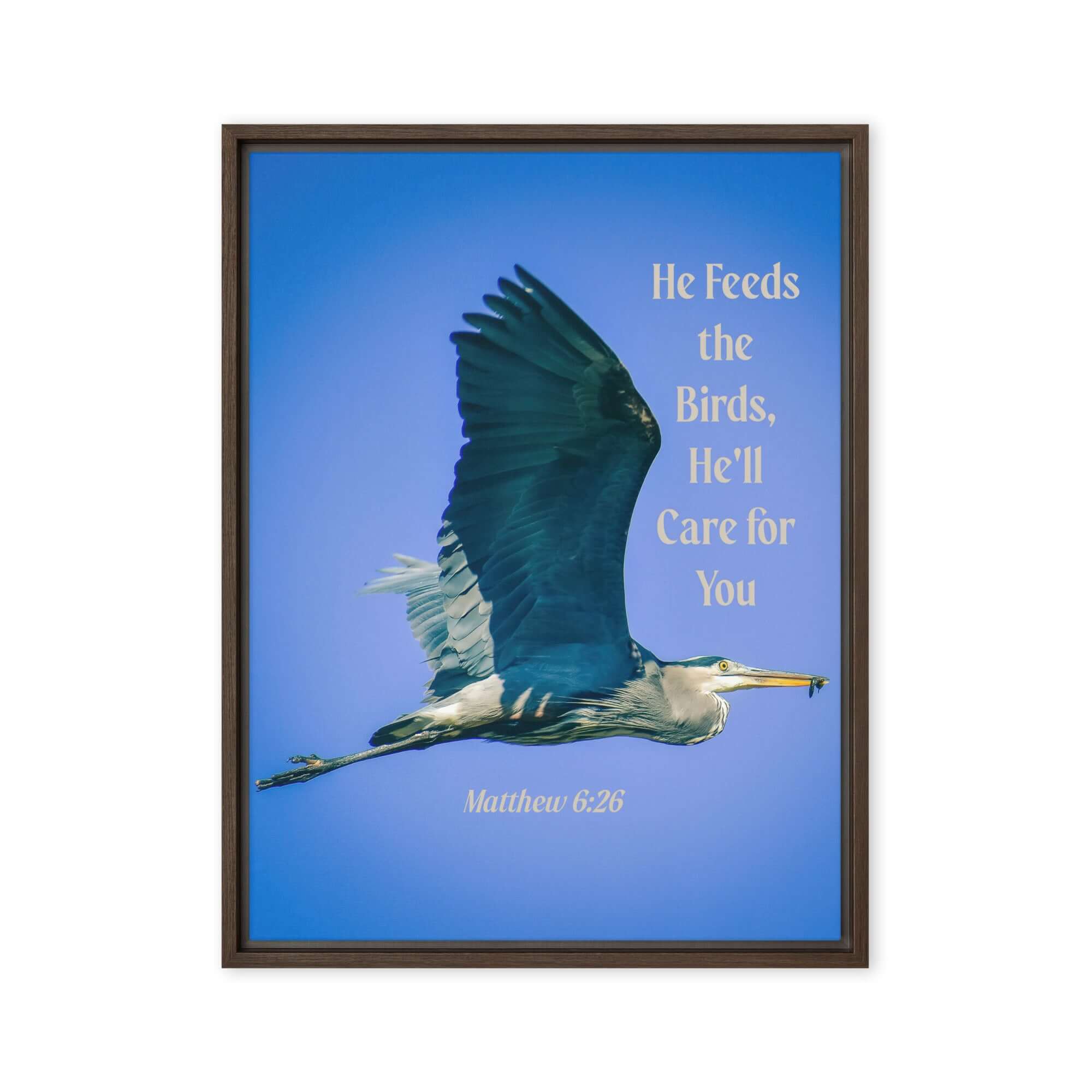 Matthew 6:26 Graceful Heron, He'll Care for You Framed Canvas Print Wall Art Brown 24″×32″