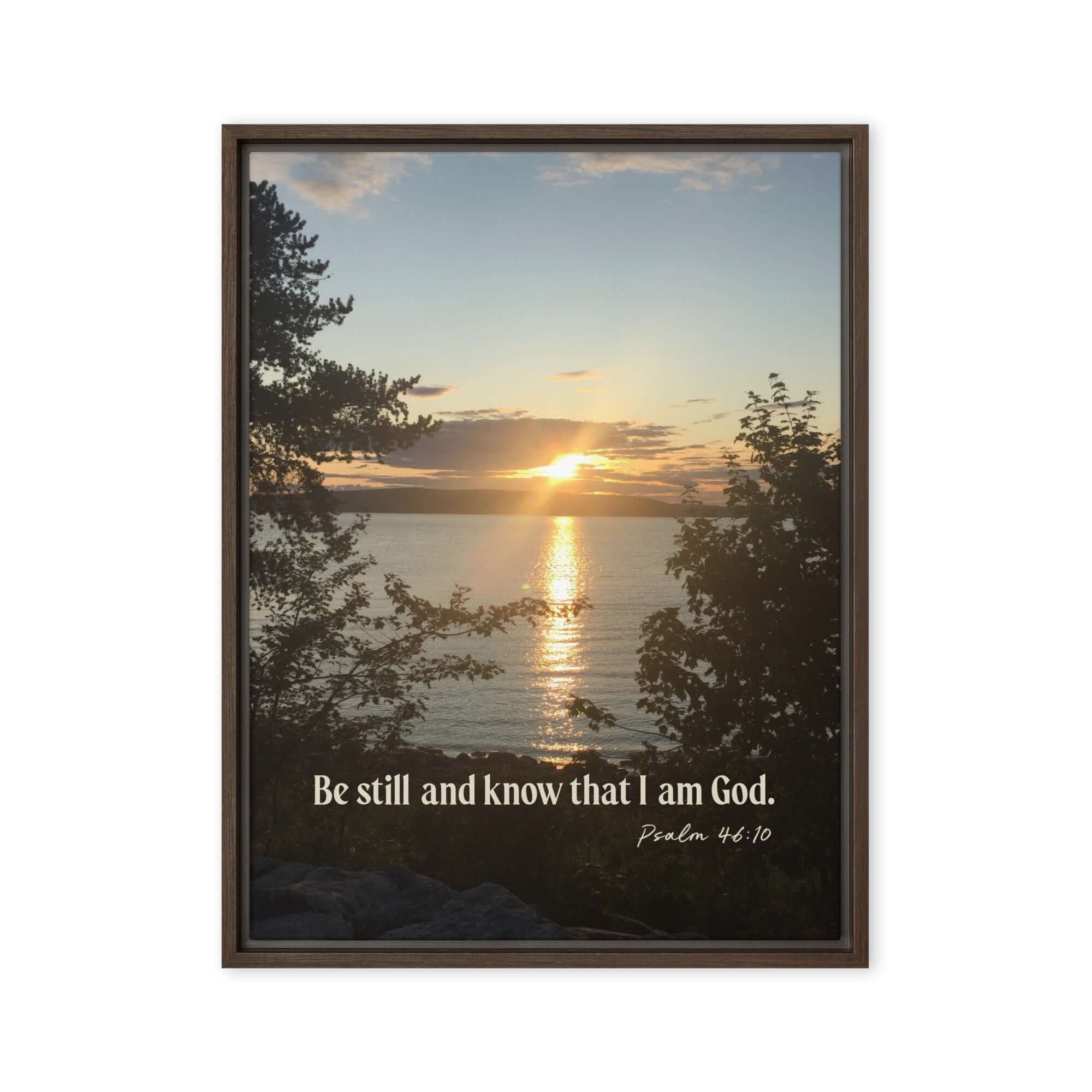 Psalm 46:10 Bible Verse, Sunset Glory Framed Canvas Print Wall Art Brown 24″×32″