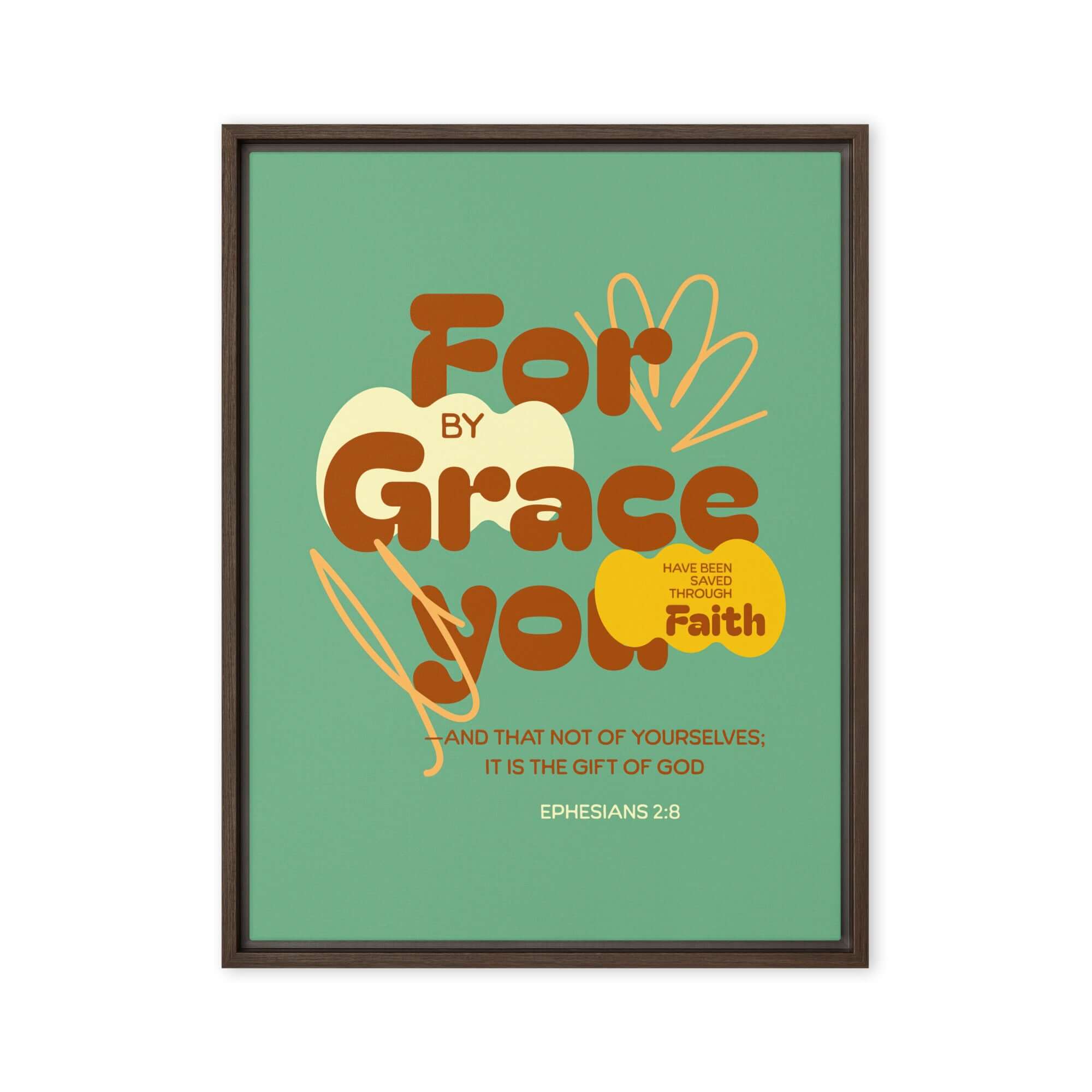 Ephesians 2:8 Bible Verse, for by grace Framed Canvas Print Wall Art Brown 24″×32″