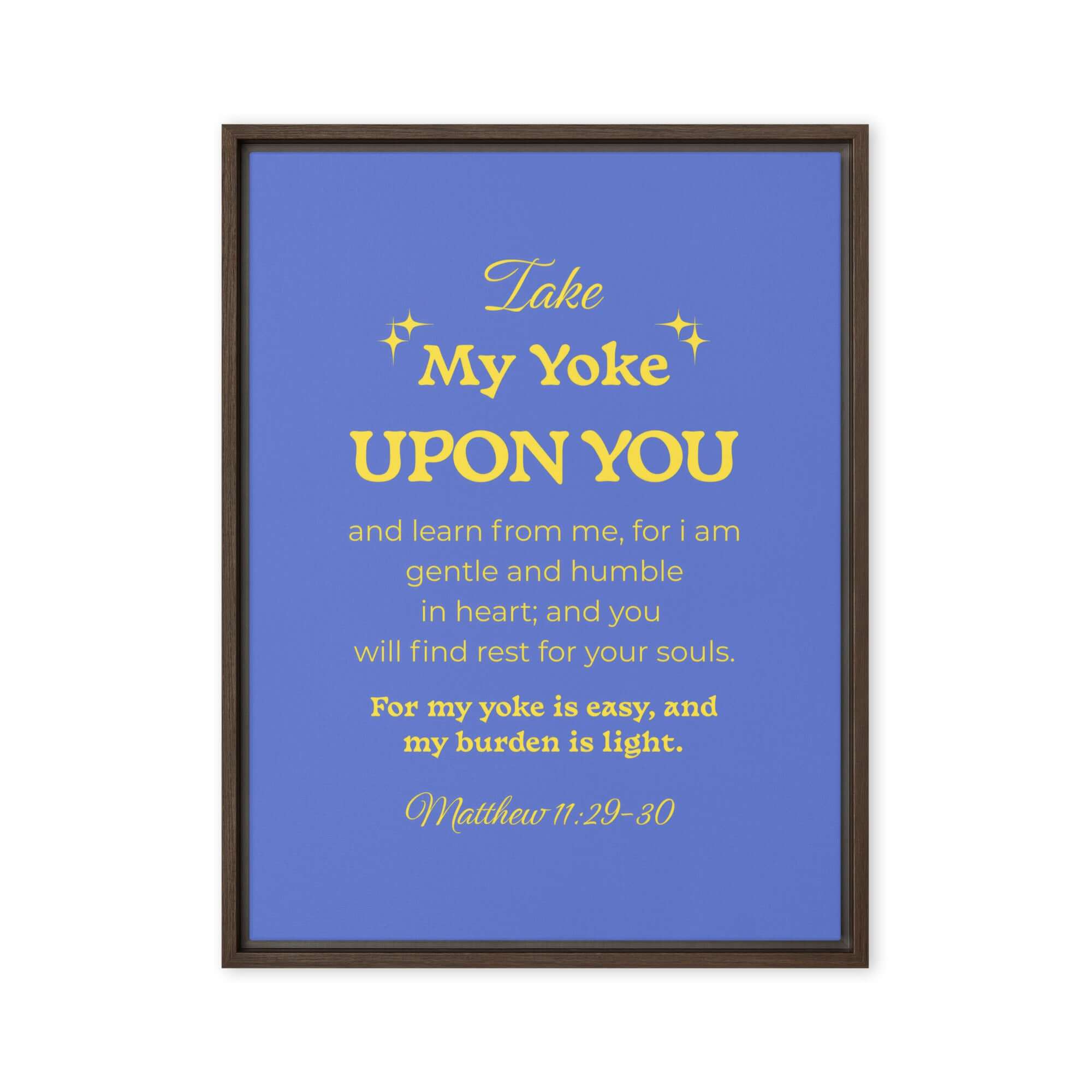 Matthew 11:29-30 Bible Verse, Take my yoke Framed Canvas Print Wall Art Brown 24″×32″