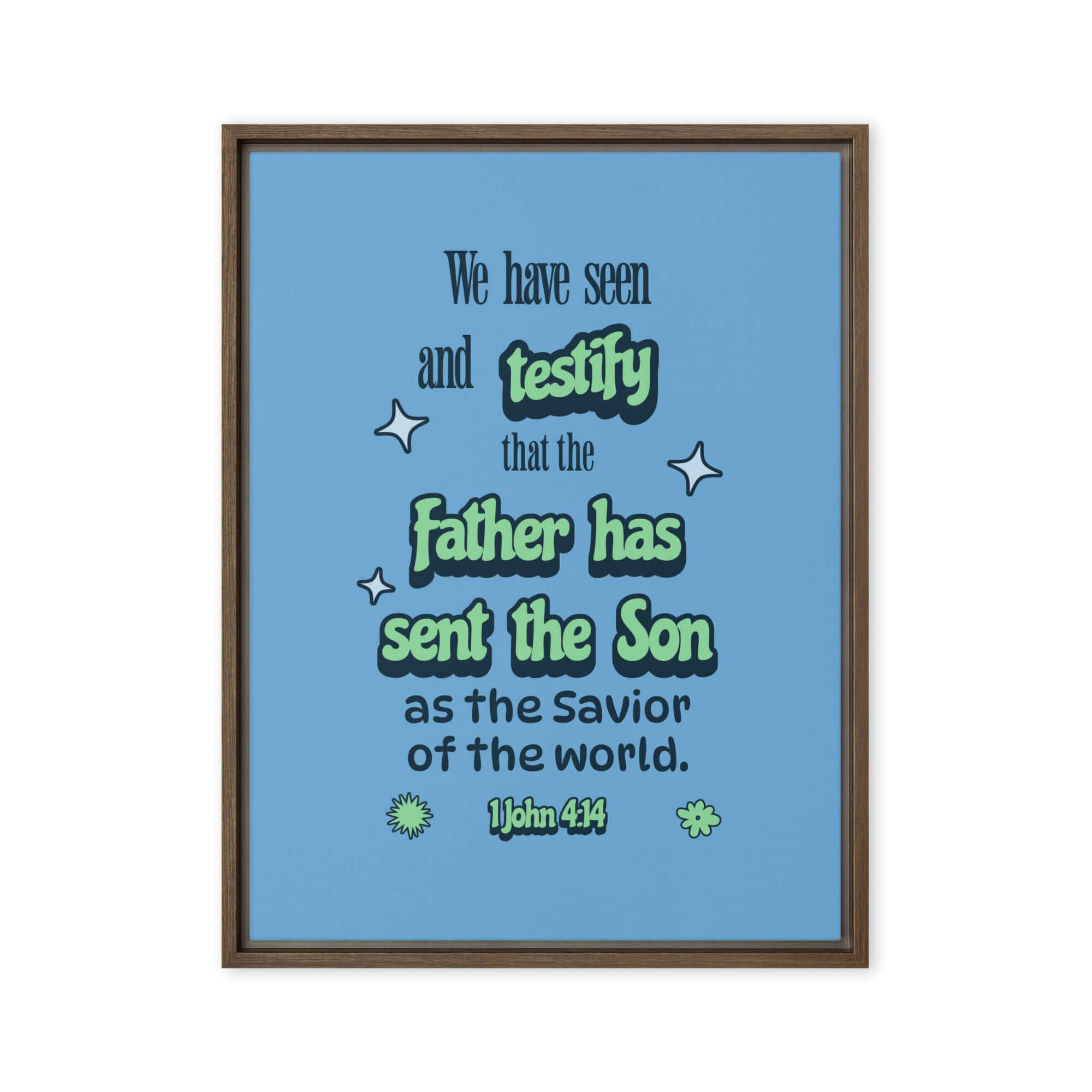 1 John 4:14 Bible Verse, sent the Son Framed Canvas Print Wall Art Brown 24″×32″
