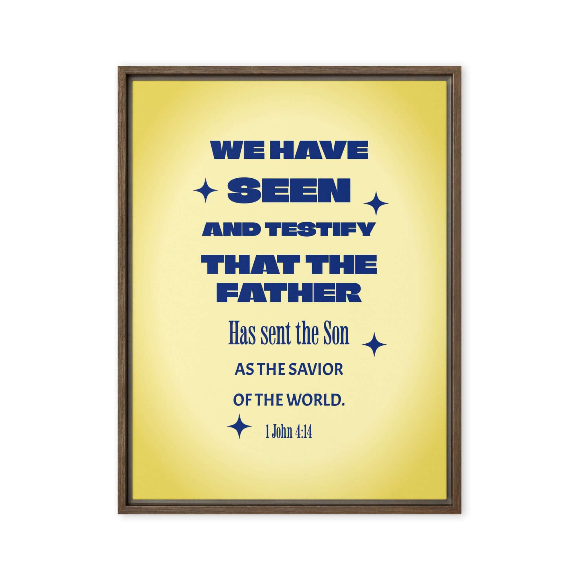 1 John 4:14 Bible Verse, Savior of the world Framed Canvas Print Wall Art Brown 24″×32″