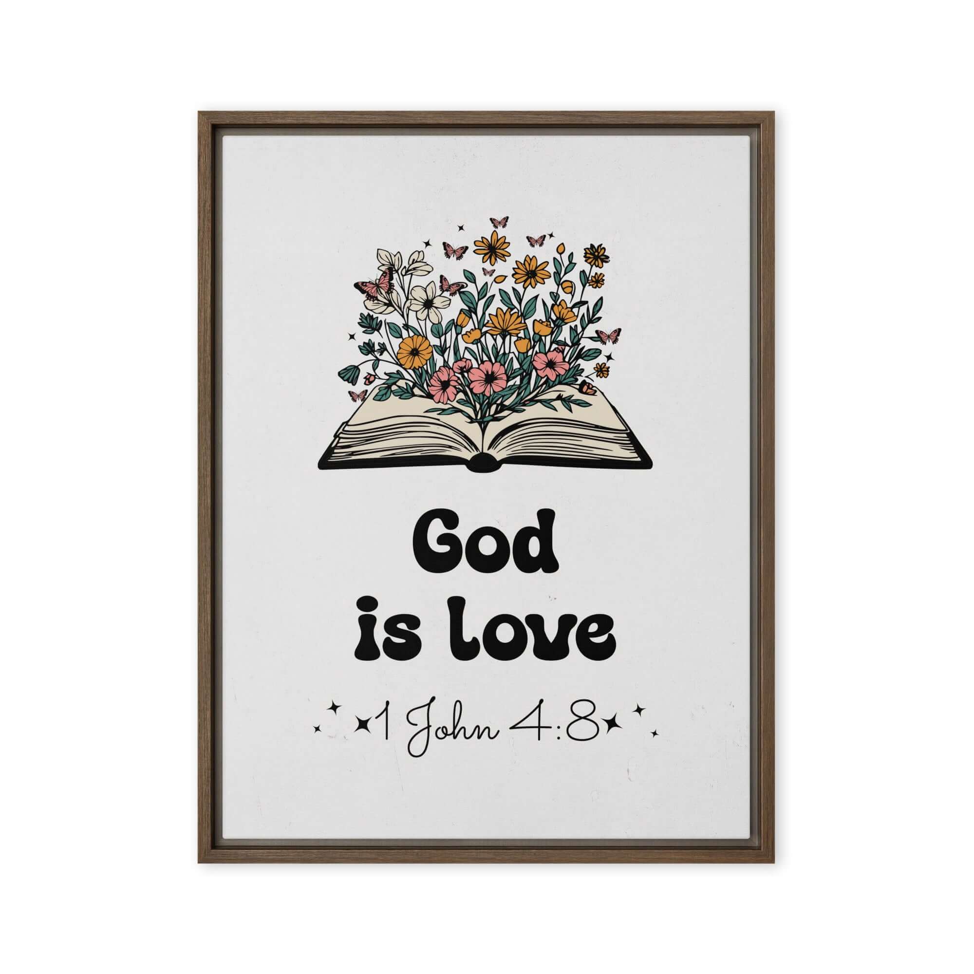 1 John 4:8 Bible Verse, God is Love Framed Canvas Print Wall Art Brown 24″×32″