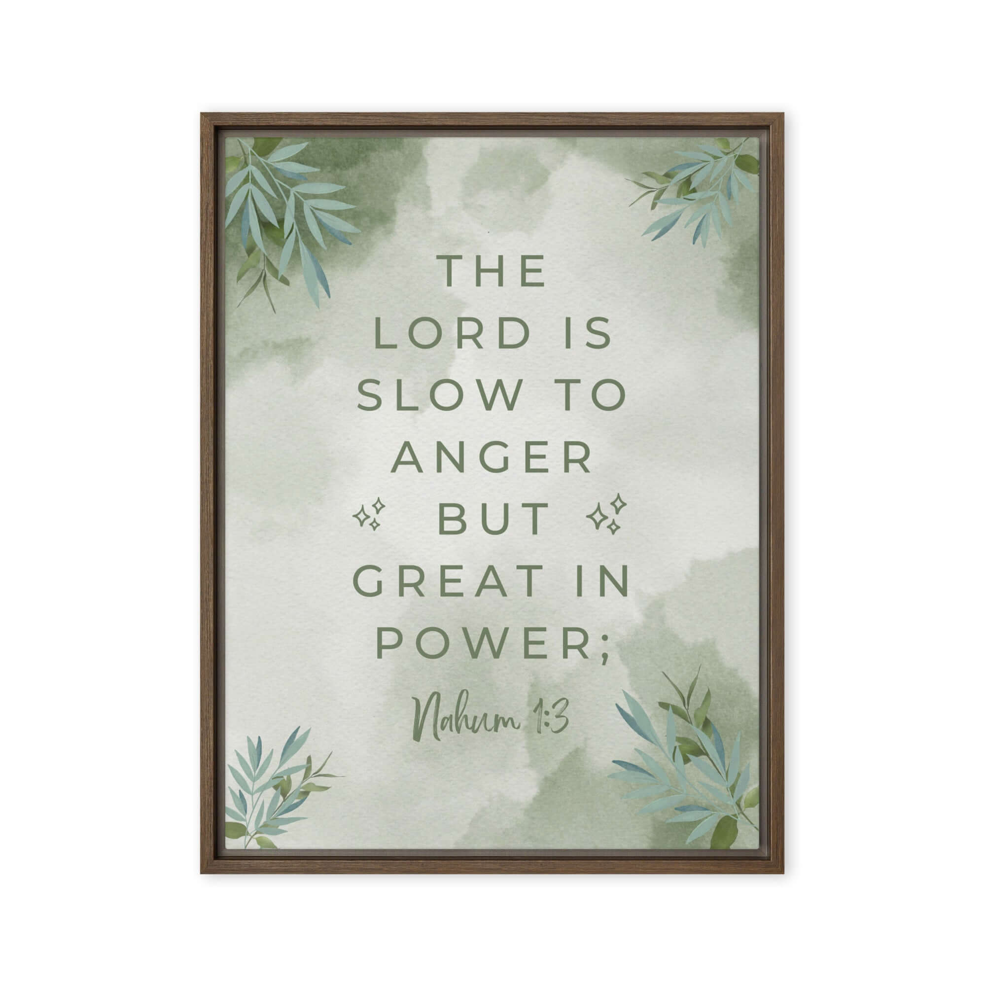 Nahum 1:3 Bible Verse, The Lord is slow Framed Canvas Print Wall Art Brown 24″×32″