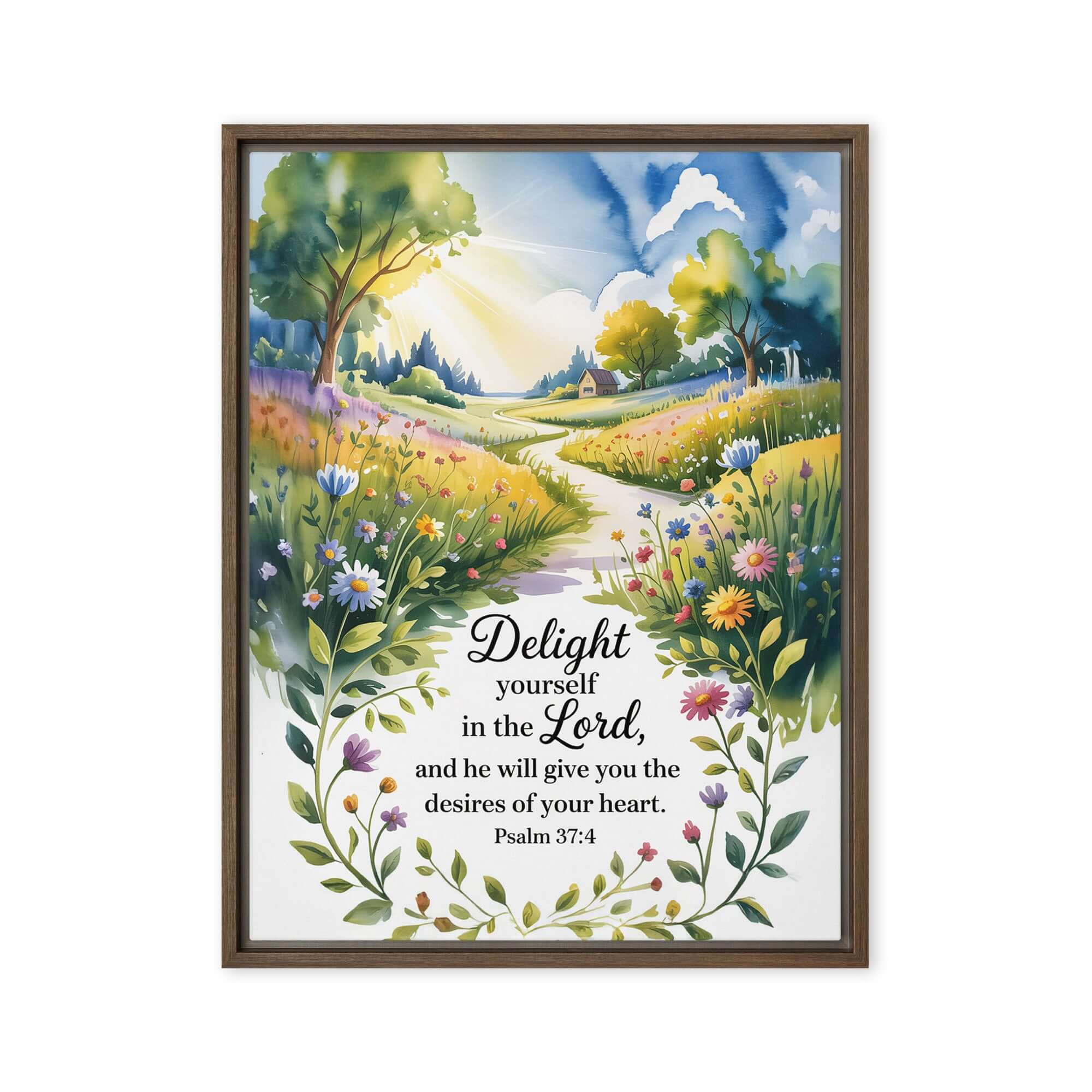 Psalm 37:4 Bible Verse, desires Framed Canvas Brown 24″×32″