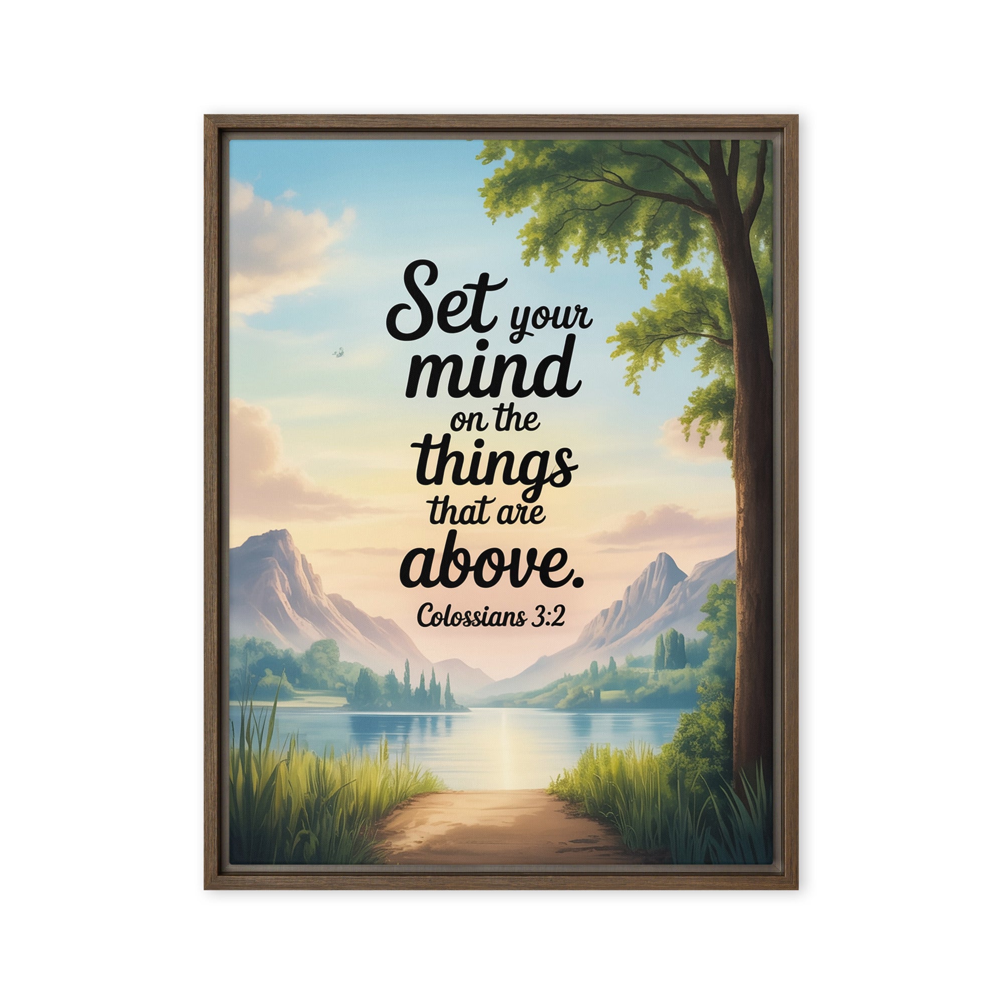 Colossians 3:2 Bible Verse Set Framed Canvas Brown 24″×32″