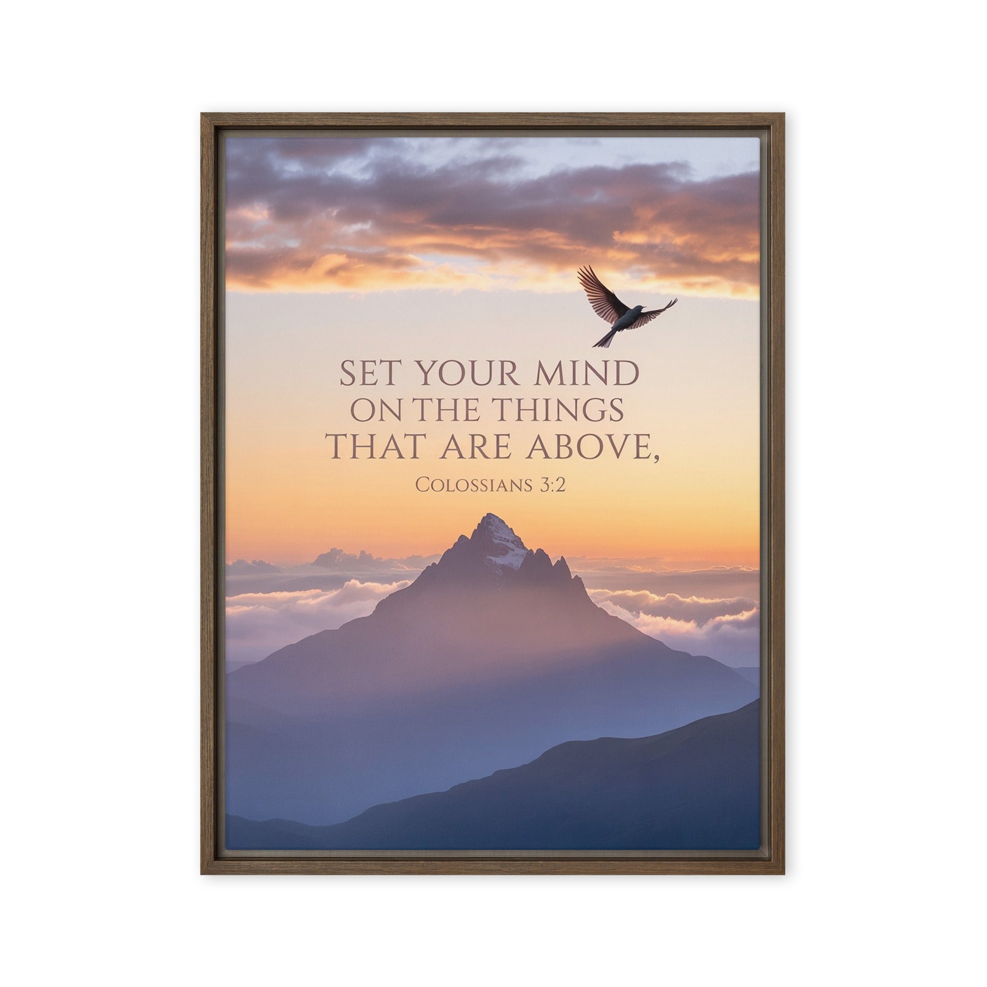 Colossians 3:2 Bible Verse are above Framed Canvas Brown 24″×32″