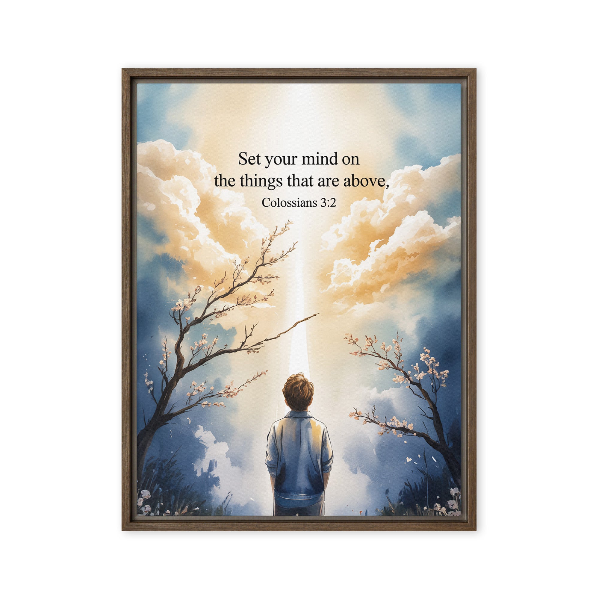 Colossians 3:2 Bible Verse the things Framed Canvas Brown 24″×32″