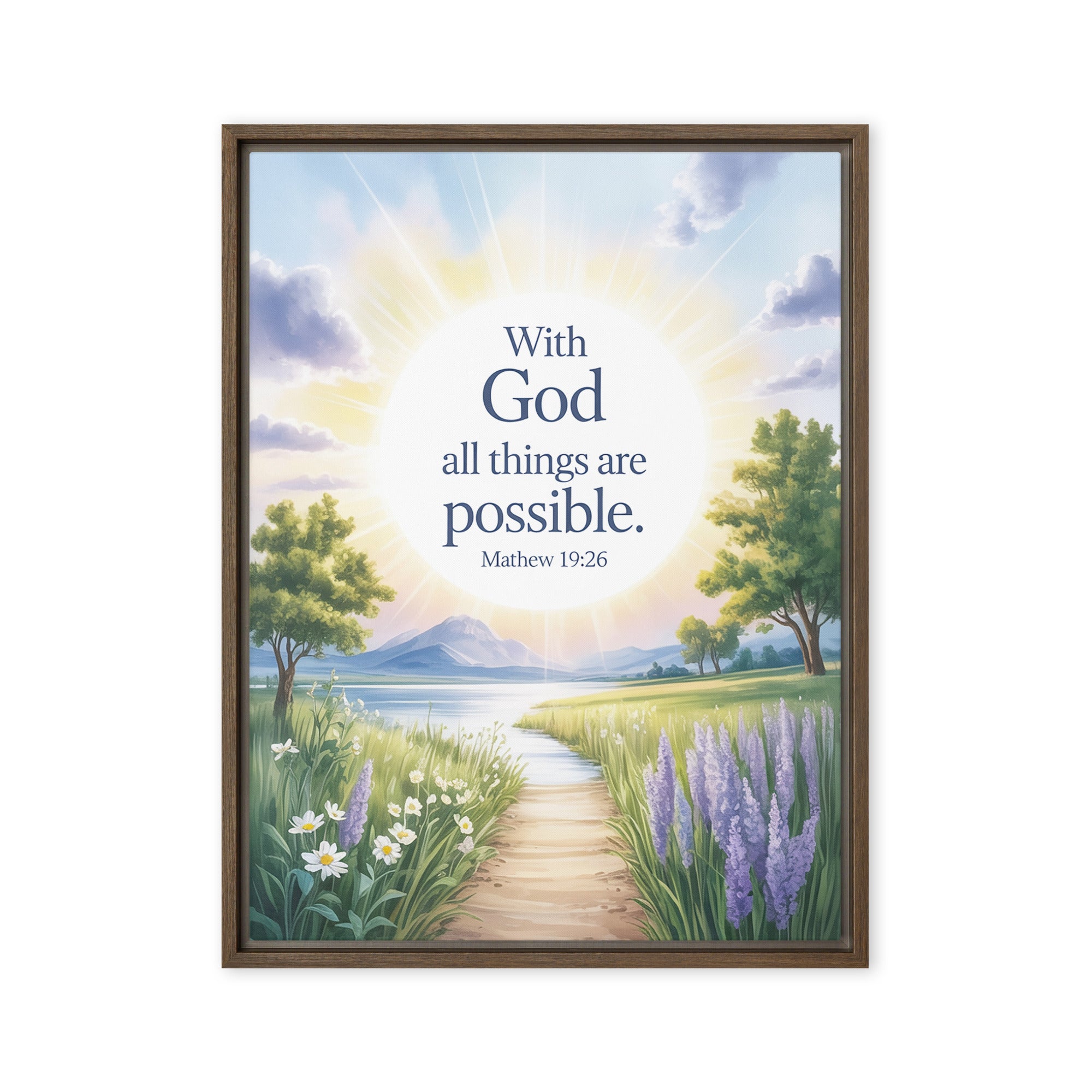 Matthew 19:26 Bible Verse Looking at Framed Canvas Brown 24″×32″