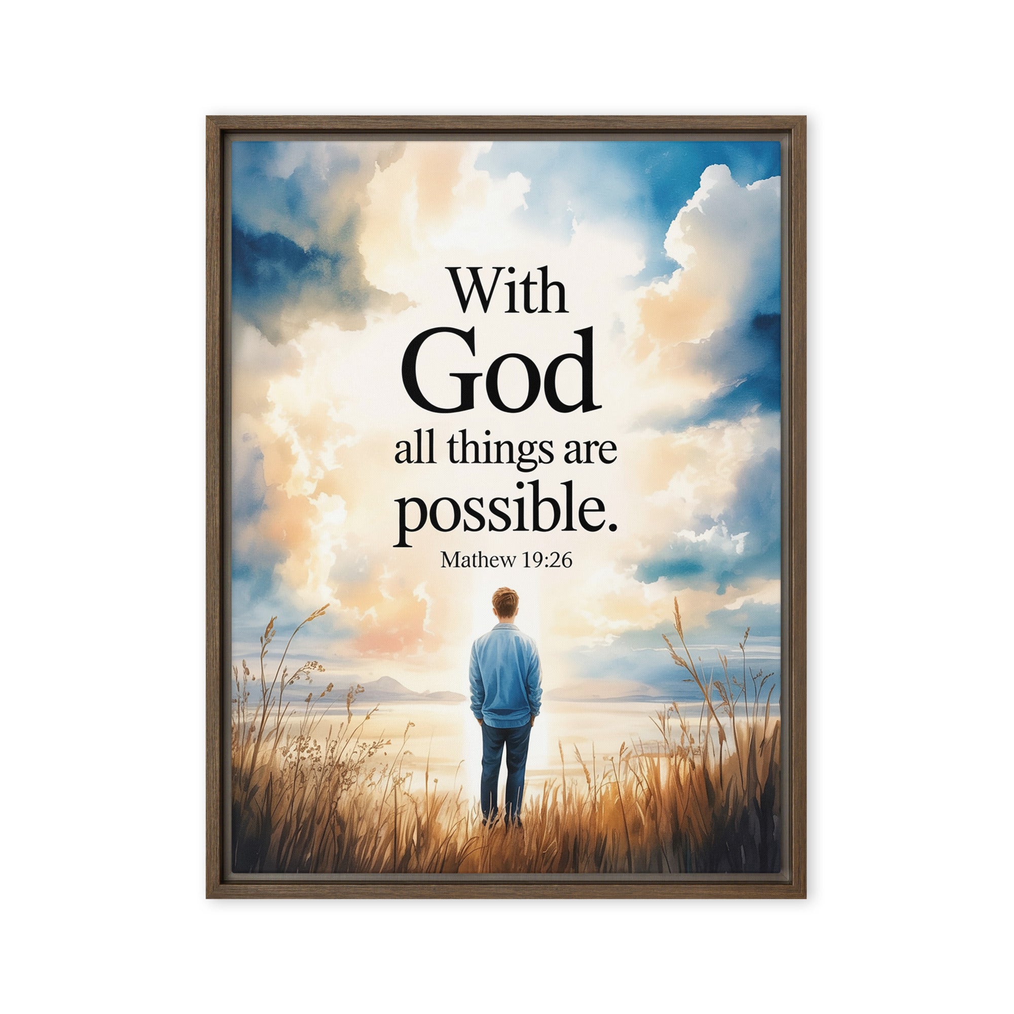 Matthew 19:26 Bible Verse Jesus Framed Canvas Brown 24″×32″