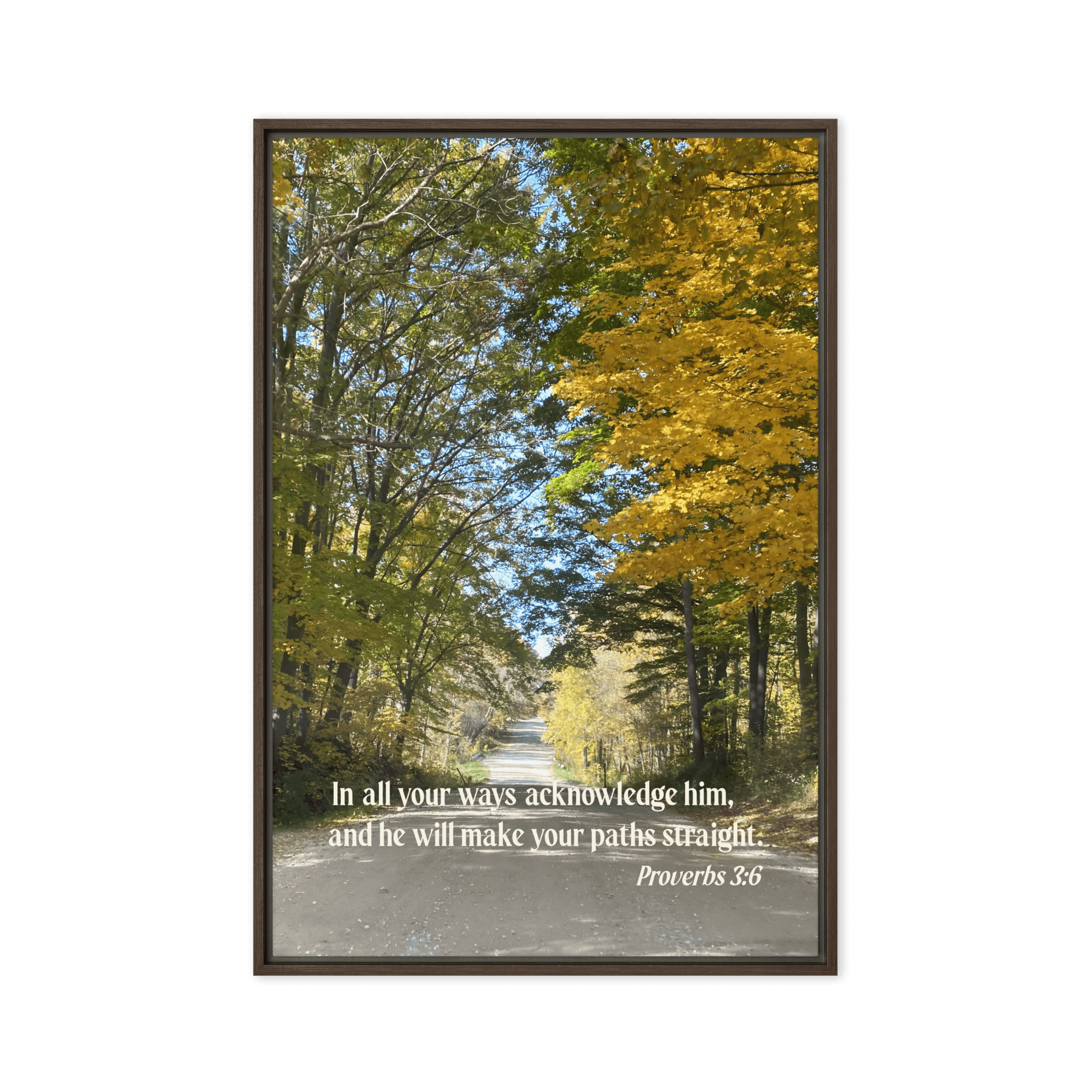 Proverbs 3:6 Bible Verse, Fall Road Framed Canvas Print Wall Art Brown 24″×36″