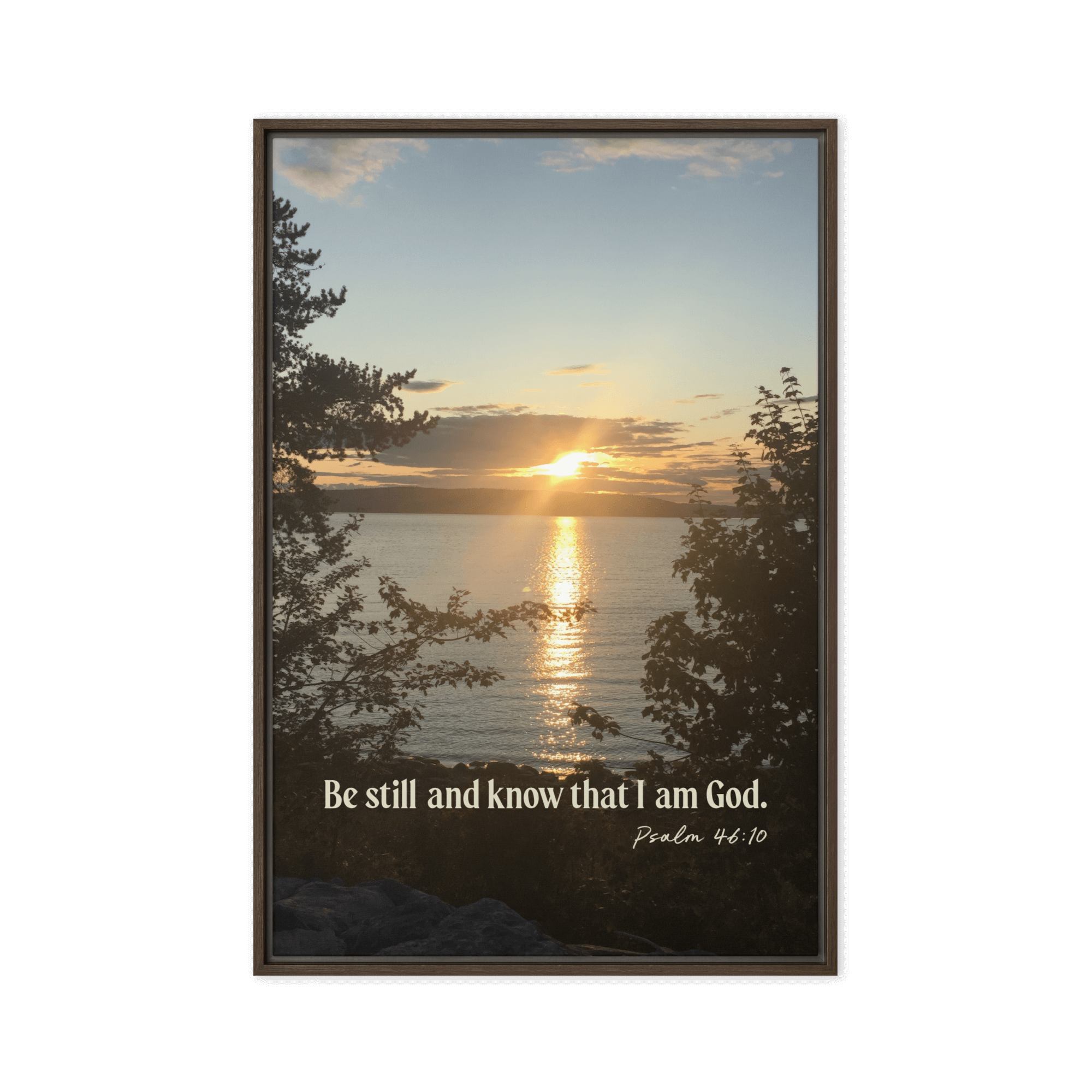 Psalm 46:10 Bible Verse, Sunset Glory Framed Canvas Print Wall Art Brown 24″×36″