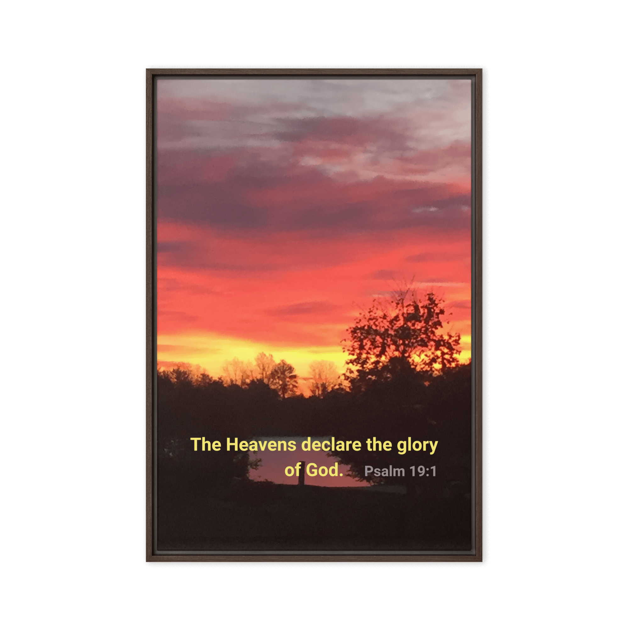 Psalm 19:1 Bible Verse, Sunset Glory Framed Canvas Print Wall Art Brown 24″×36″