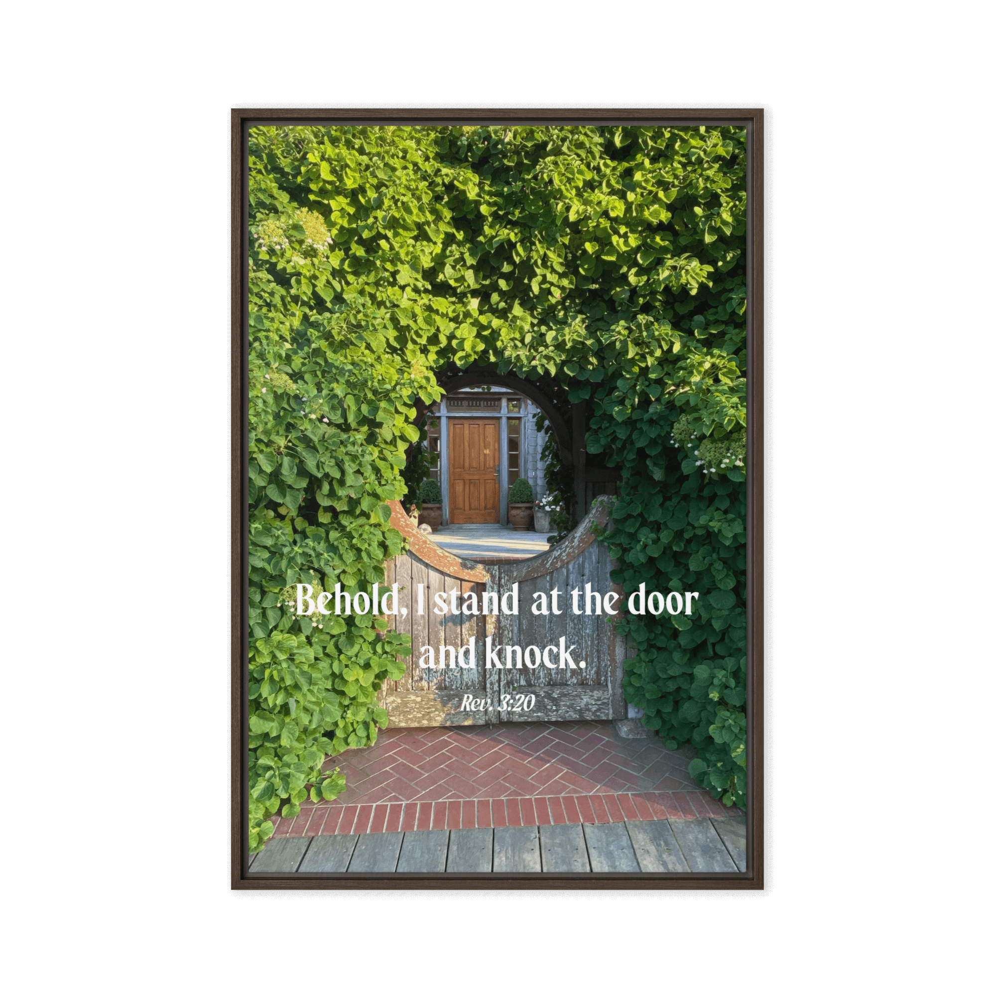 Revelation 3:20 Bible Verse, Garden Doorway Framed Canvas Print Wall Art Brown 24″×36″