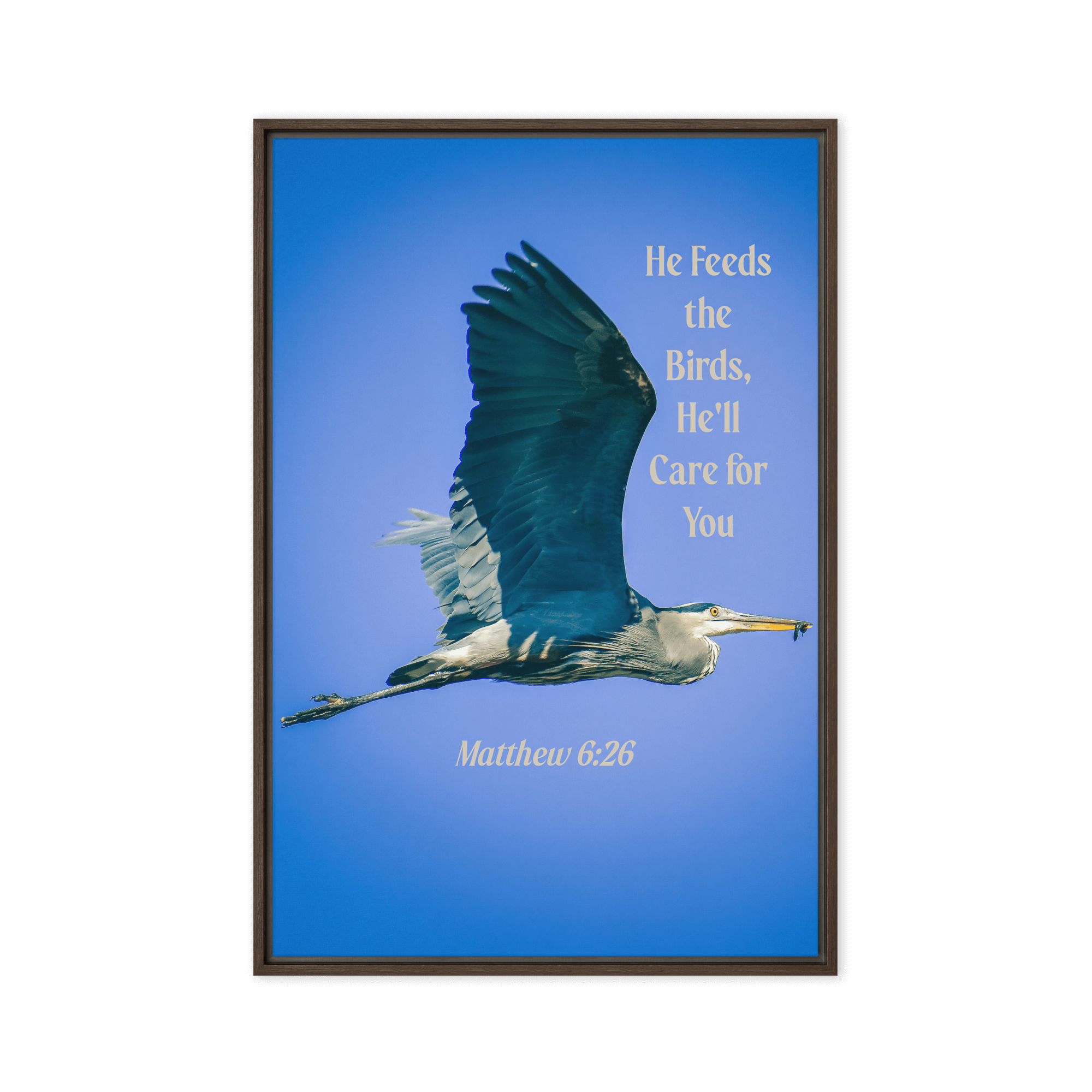 Matthew 6:26 Graceful Heron, He'll Care for You Framed Canvas Print Wall Art Brown 24″×36″