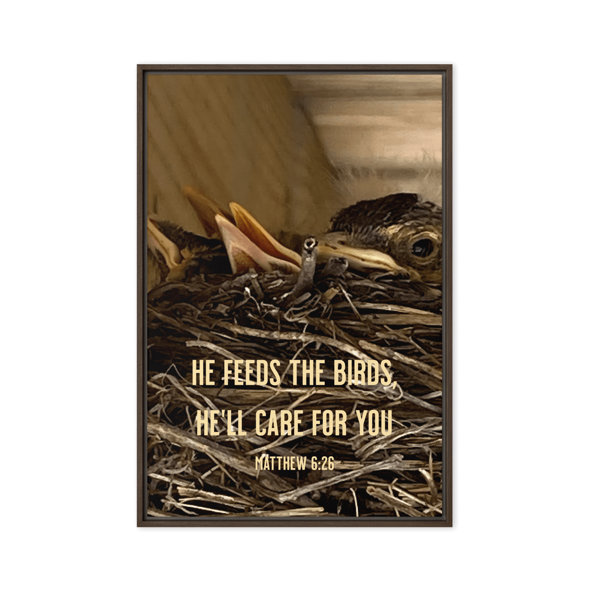 Matthew 6:26 Baby Robins, He'll Care for You Framed Canvas Print Wall Art Brown 24″×36″