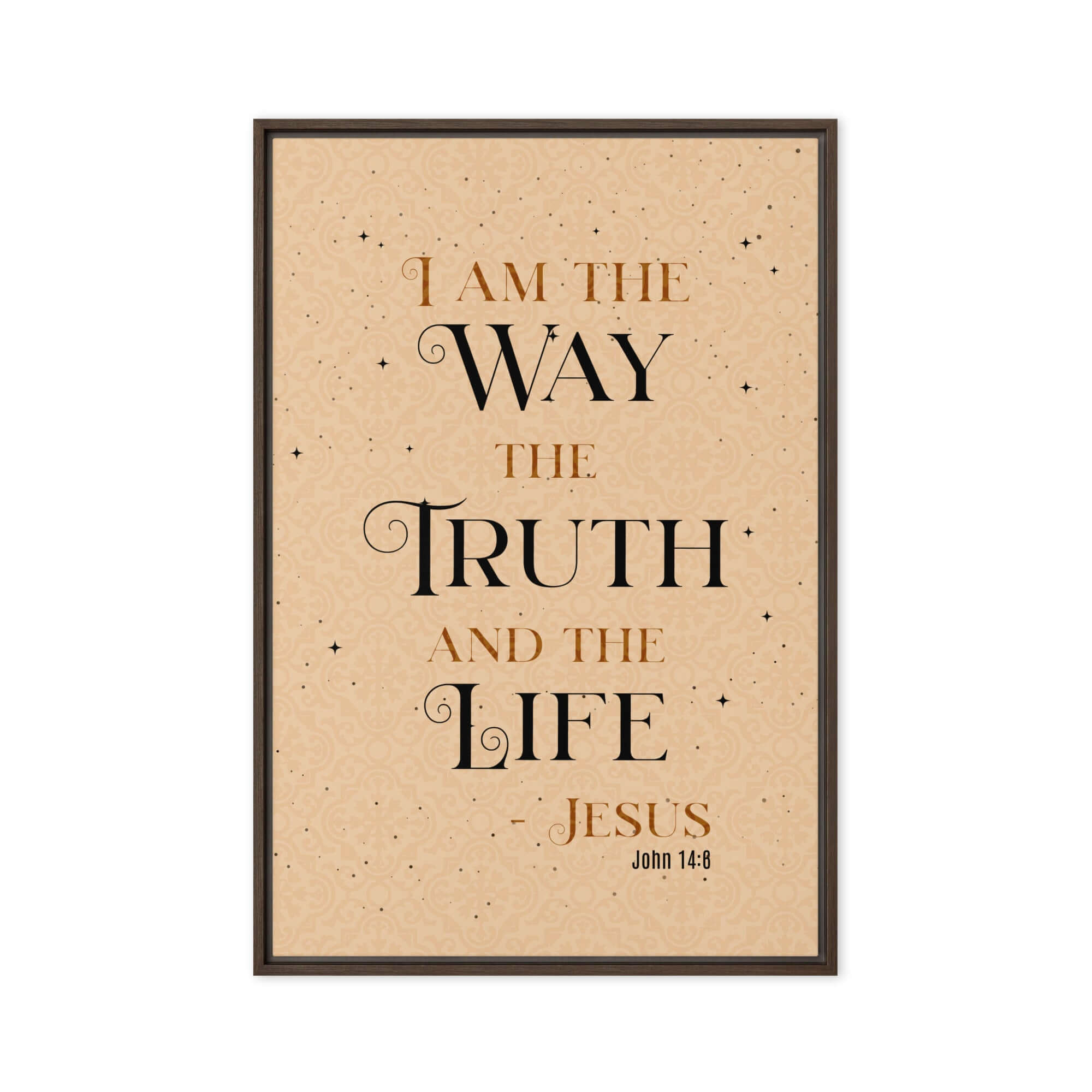 John 14:6 Bible Verse, Color Text Brown Background Framed Canvas Print Wall Art Brown 24″×36″