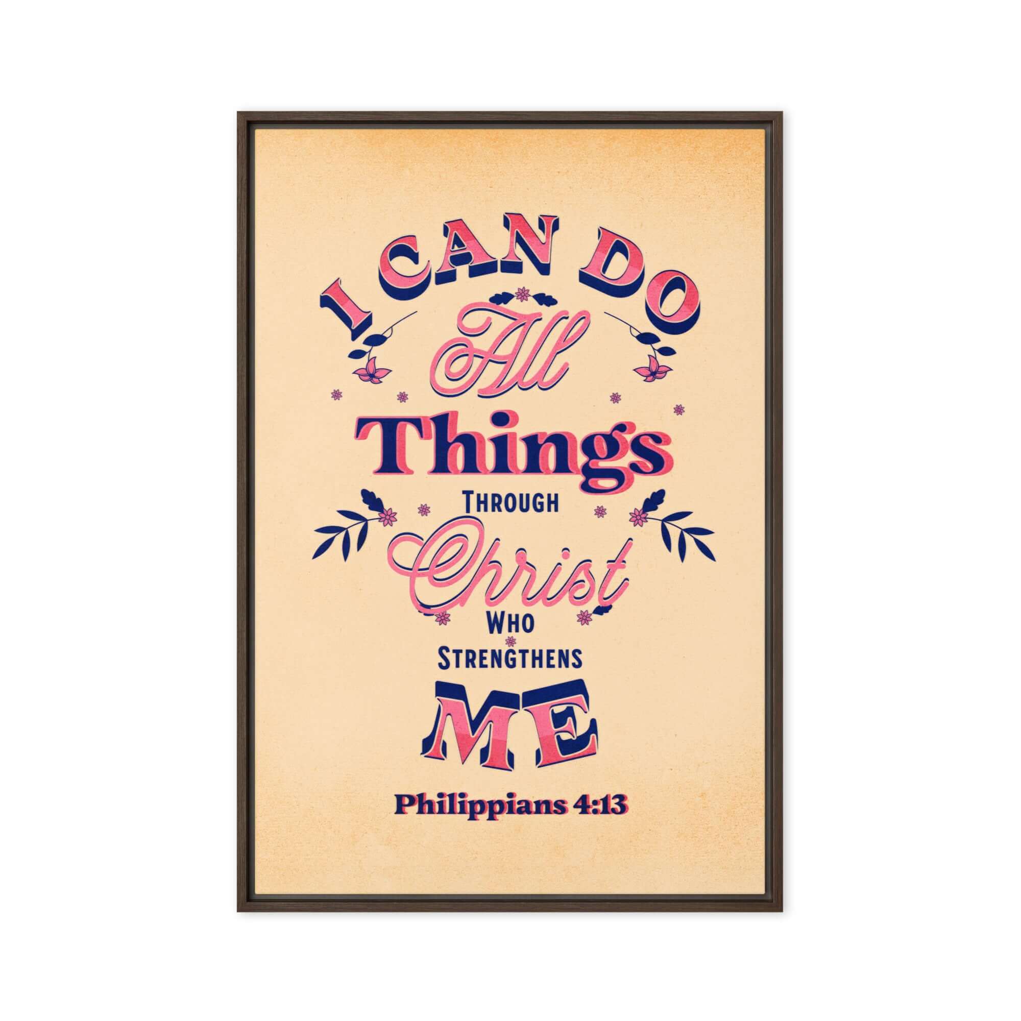 Philippians 4:13 Bible Verse, Christ Strengthens Me Framed Canvas Print Wall Art Brown 24″×36″