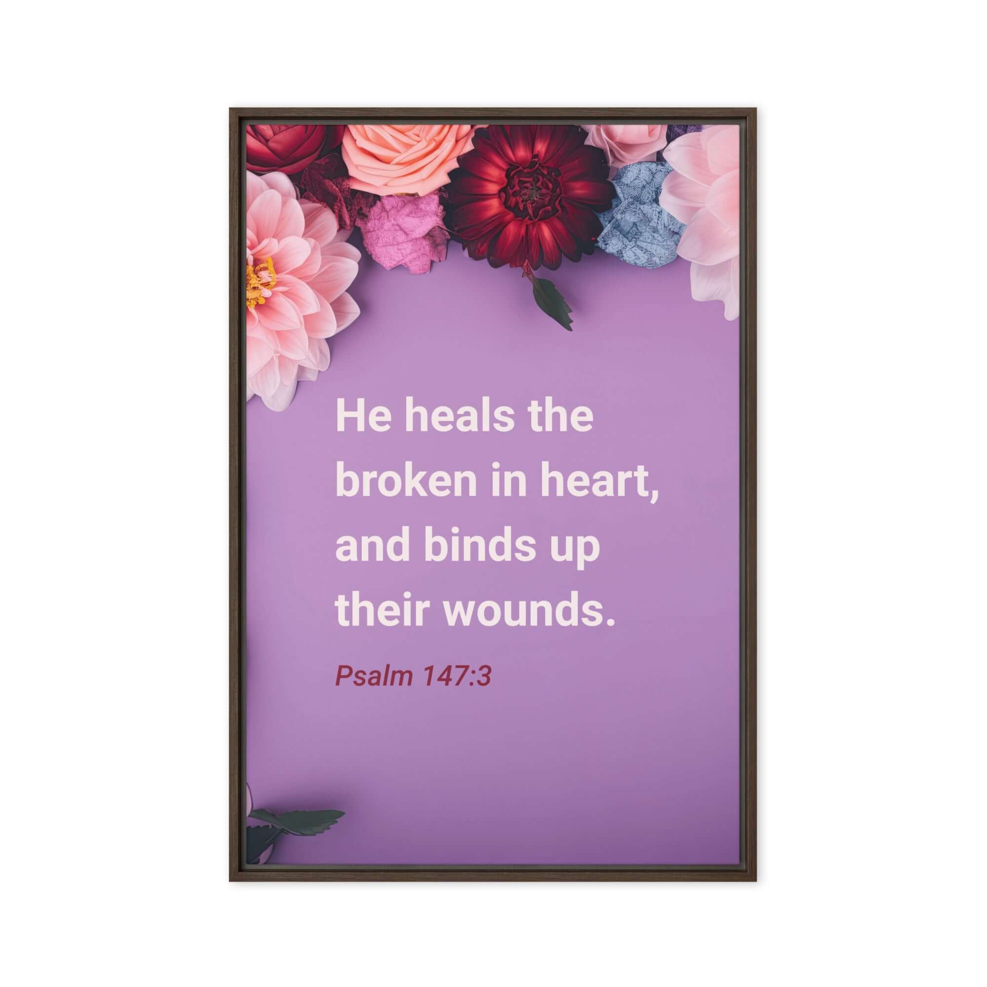 Psalm 147:3 Bible Verse, He heals the broken Framed Canvas Print Wall Art Brown 24″×36″