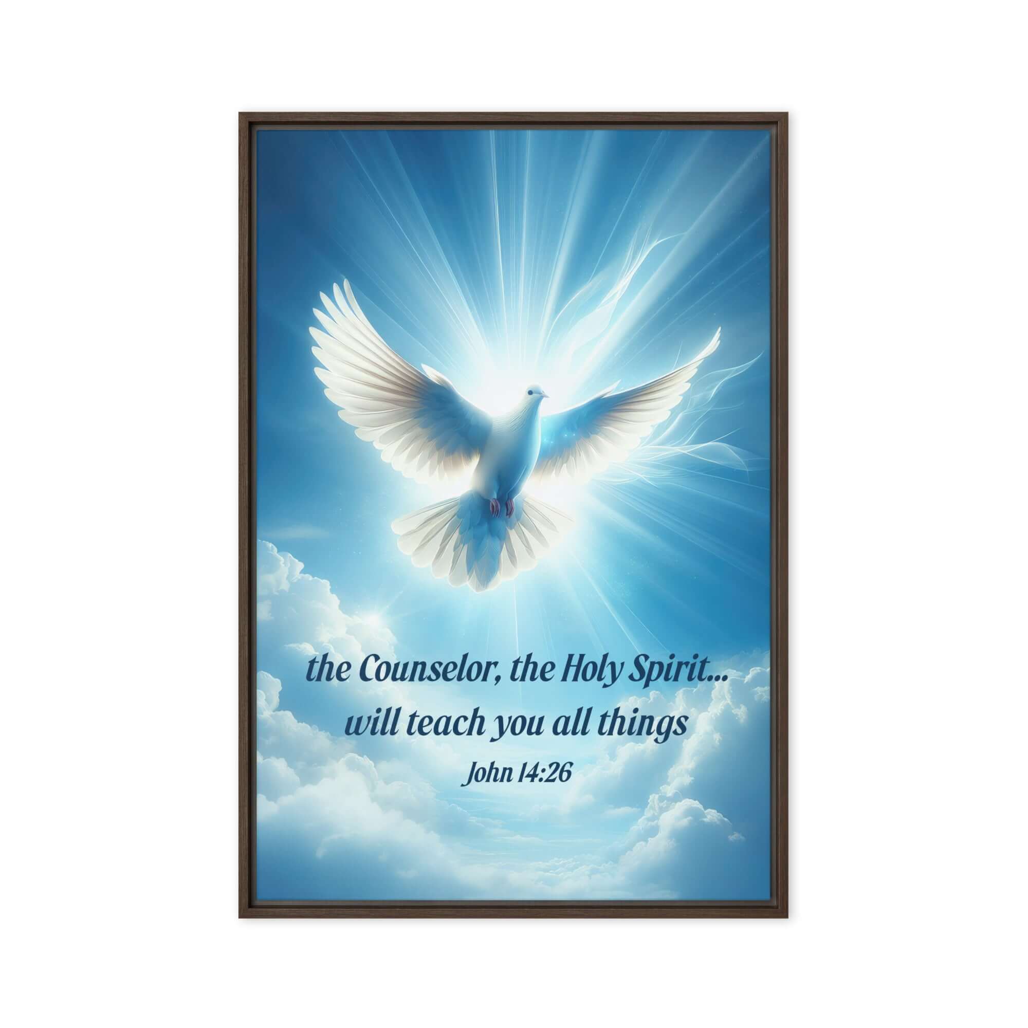 John 14:26 Bible Verse, Holy Spirit Dove Framed Canvas Print Wall Art Brown 24″×36″