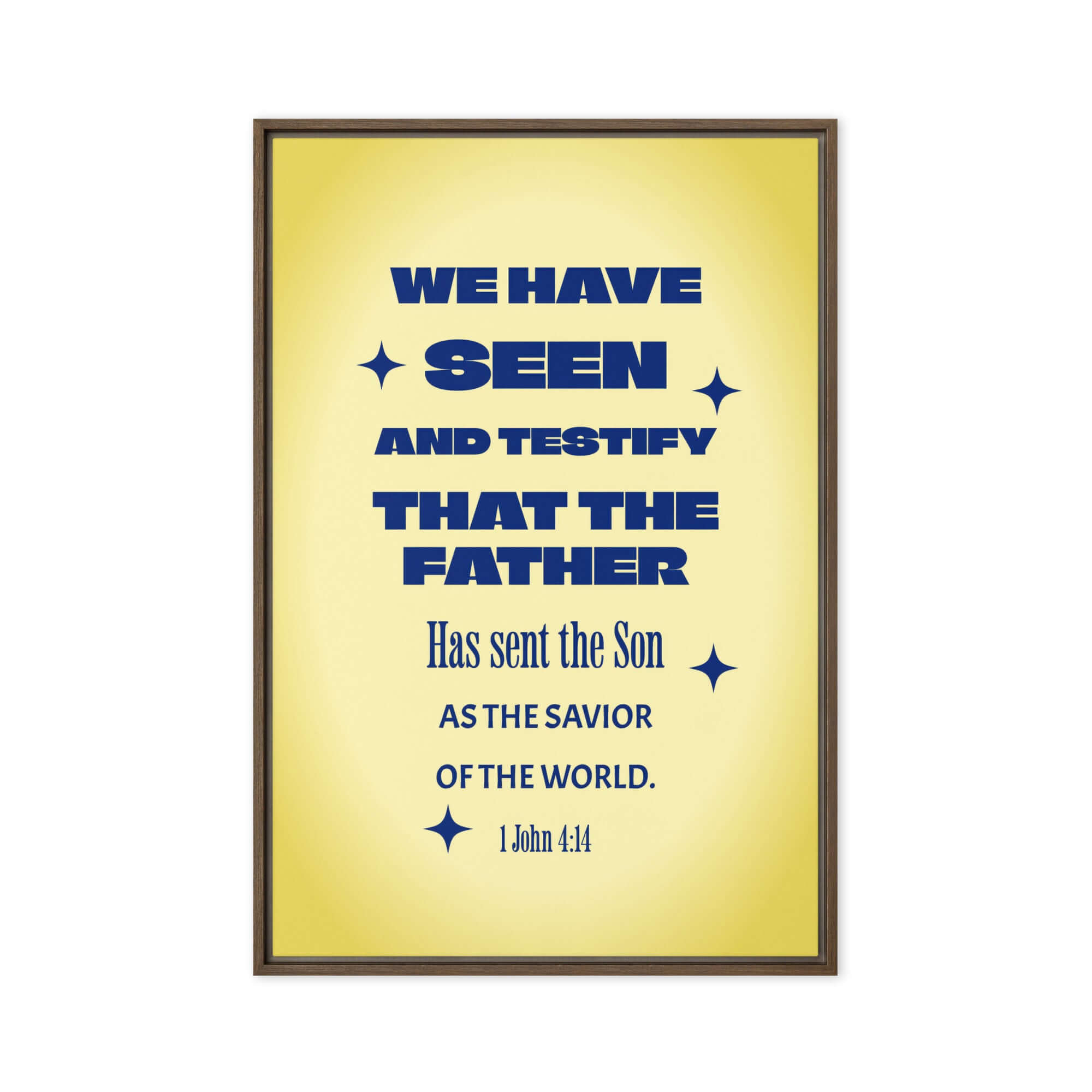 1 John 4:14 Bible Verse, Savior of the world Framed Canvas Print Wall Art Brown 24″×36″