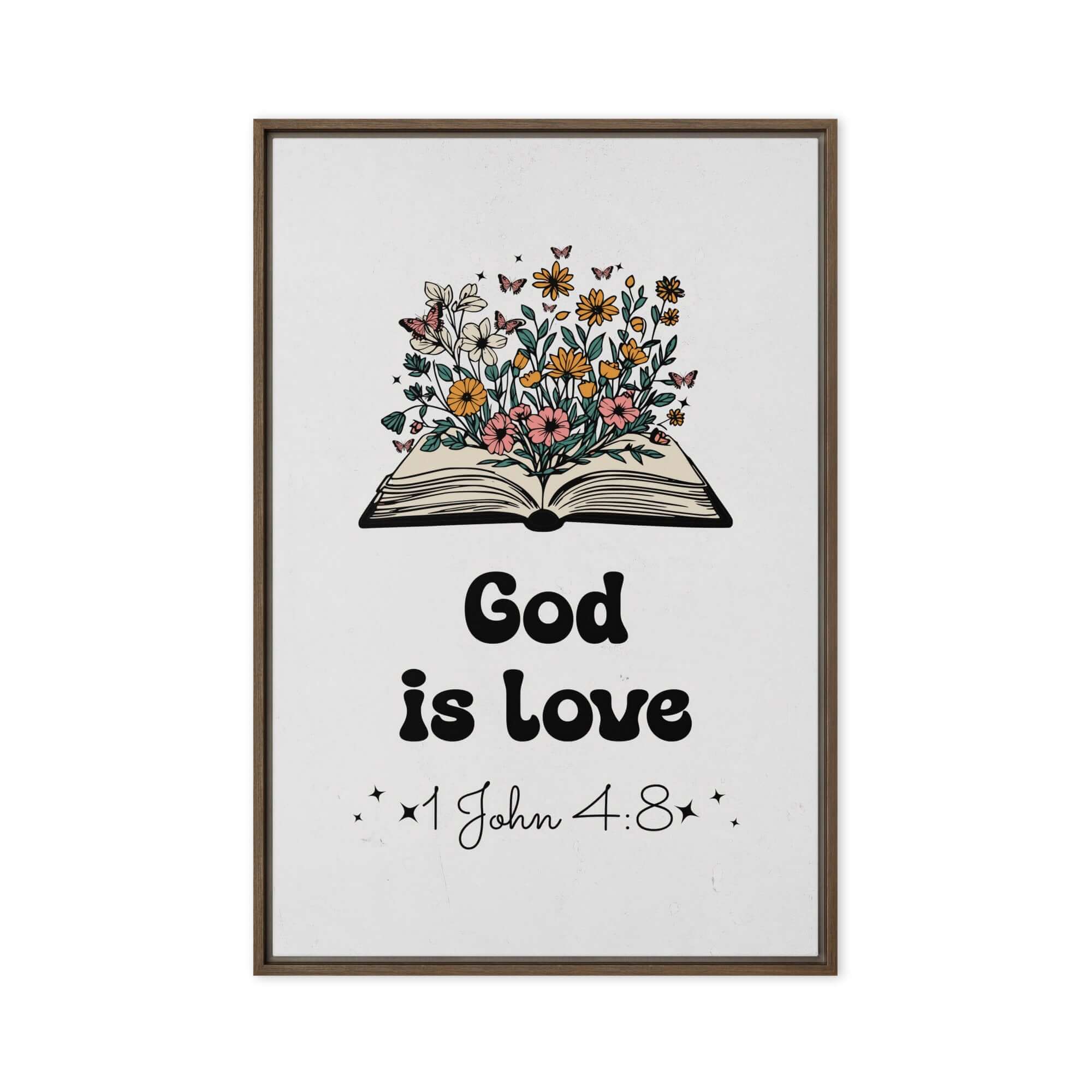 1 John 4:8 Bible Verse, God is Love Framed Canvas Print Wall Art Brown 24″×36″