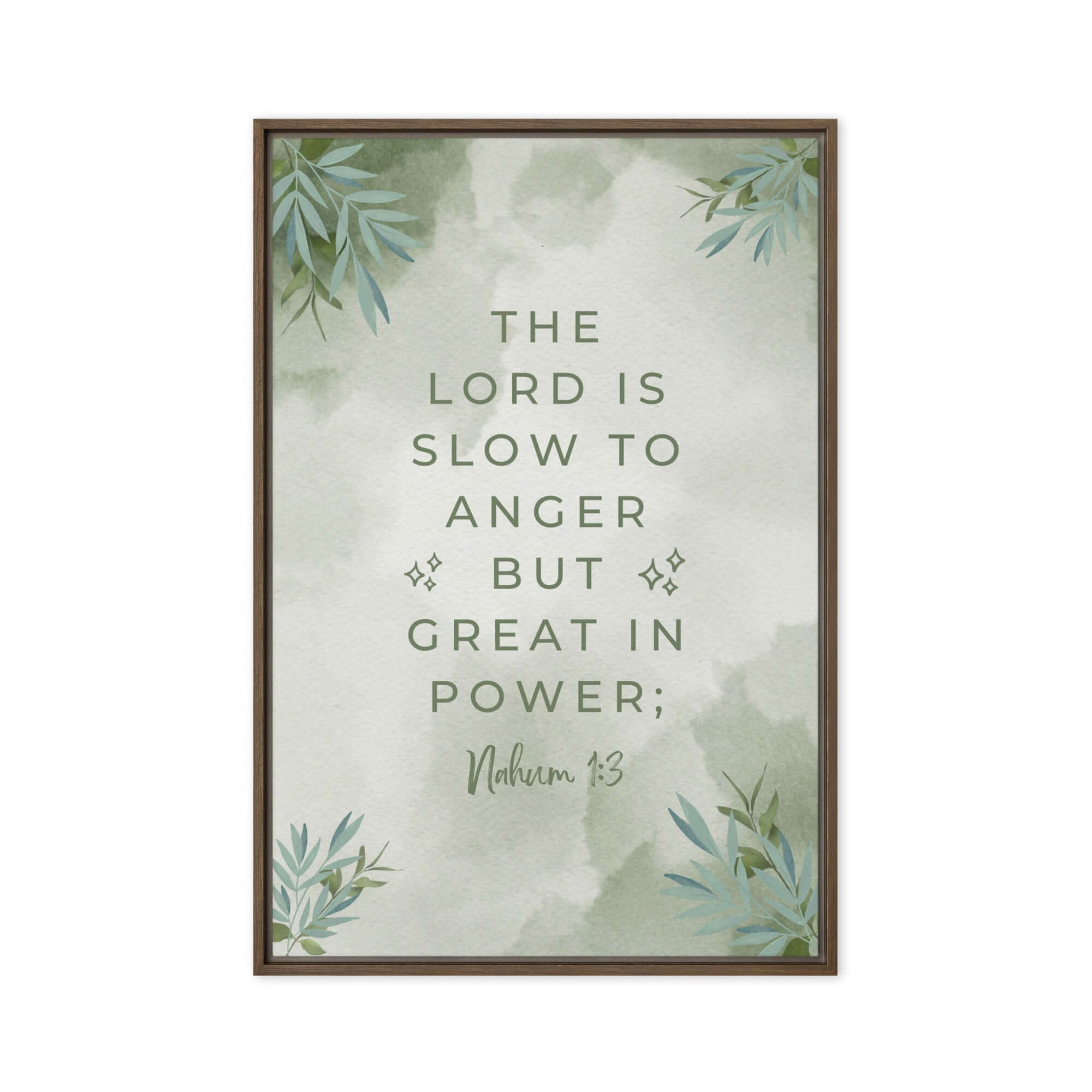 Nahum 1:3 Bible Verse, The Lord is slow Framed Canvas Print Wall Art Brown 24″×36″