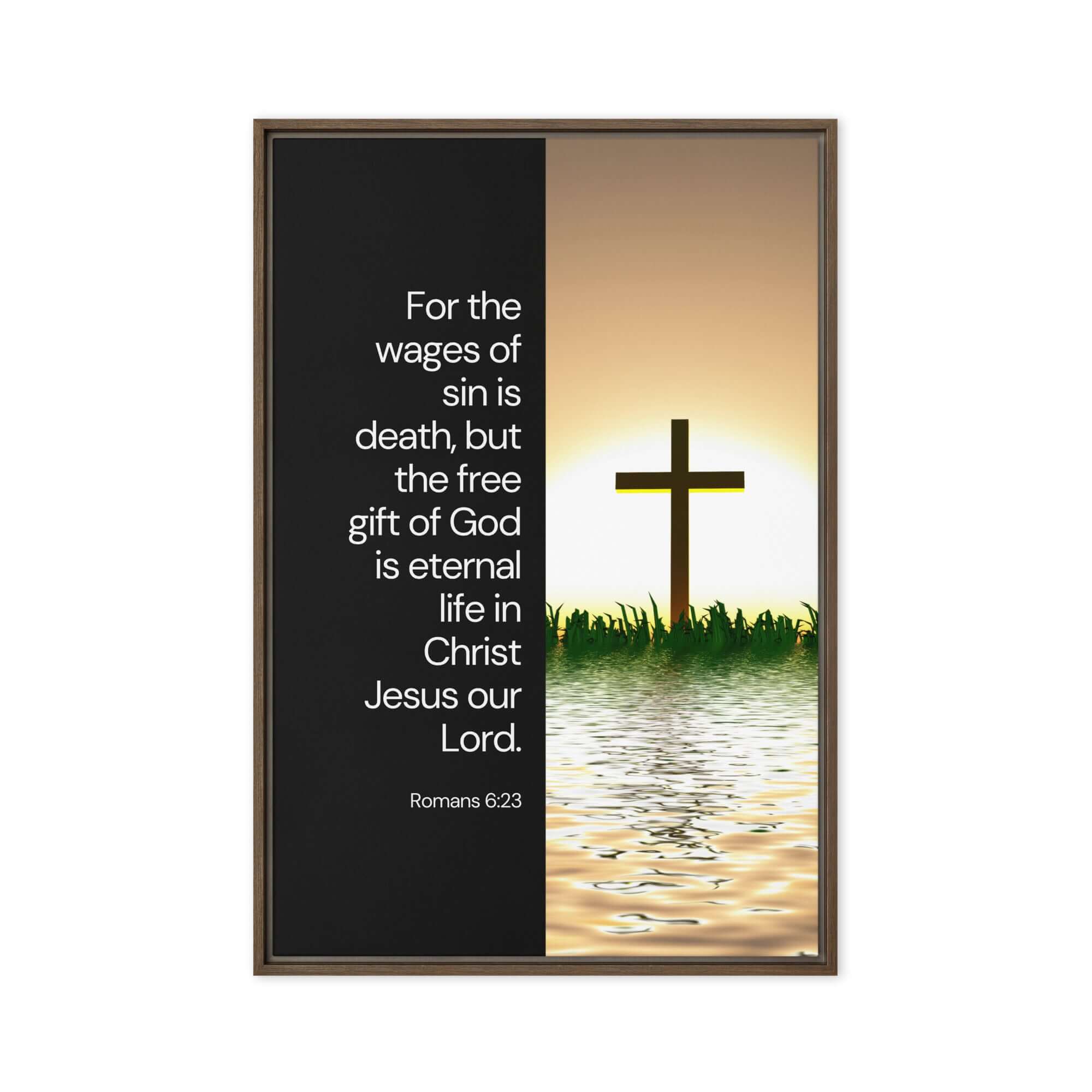 Romans 6:23 Bible Verse, the wages Framed Canvas Print Wall Art Brown 24″×36″