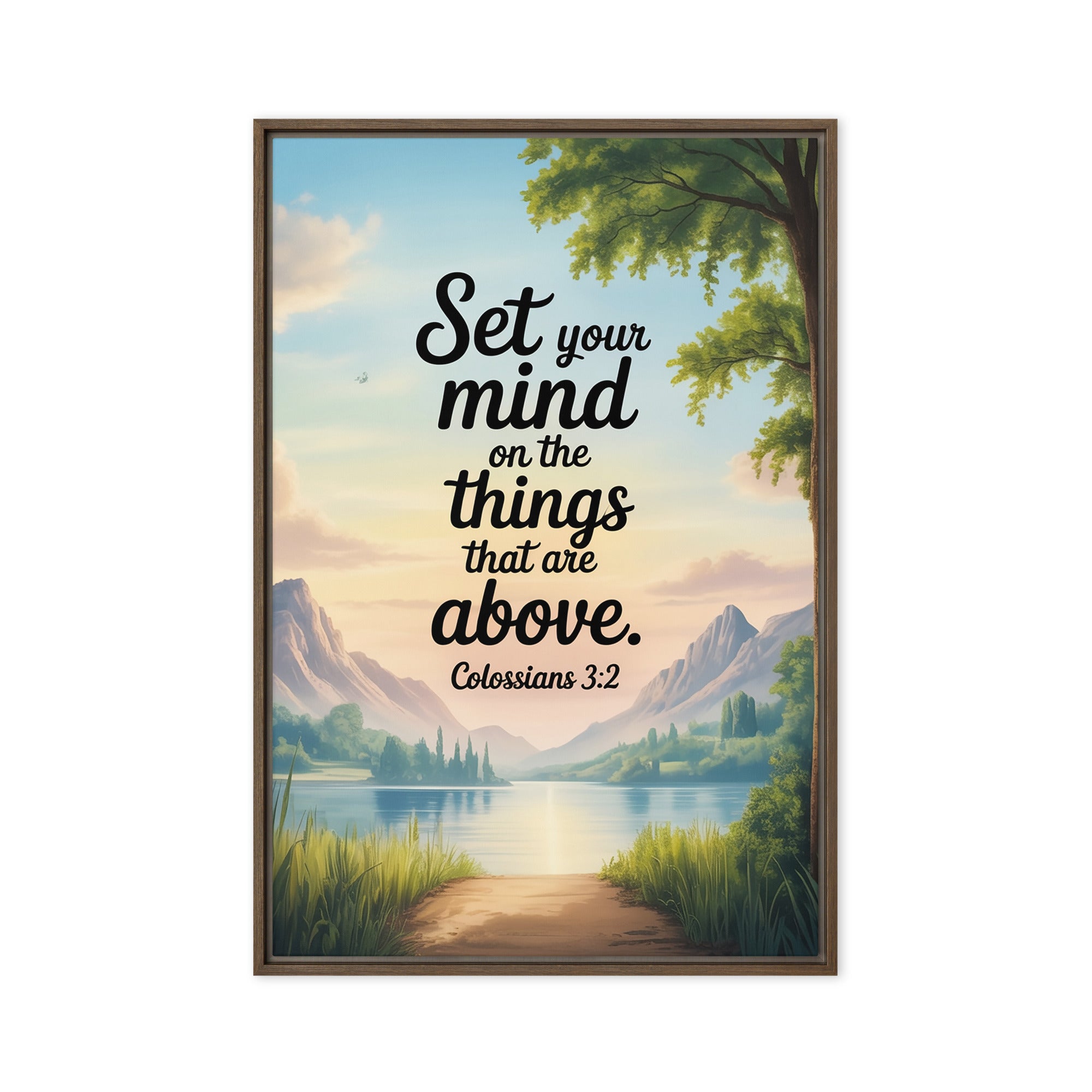 Colossians 3:2 Bible Verse Set Framed Canvas Brown 24″×36″