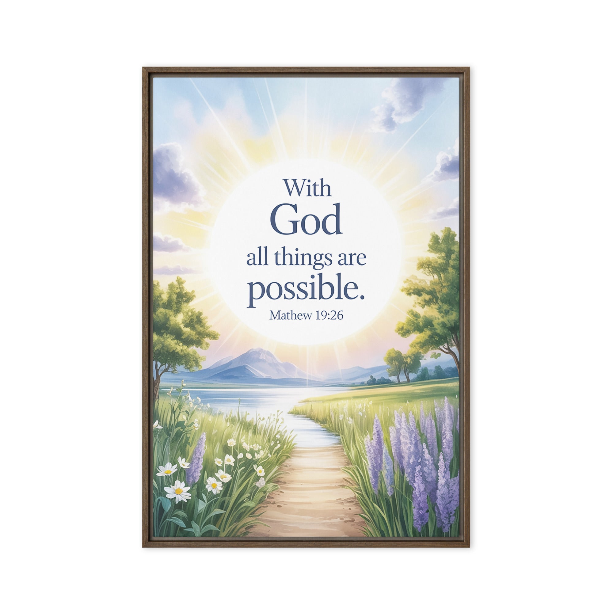 Matthew 19:26 Bible Verse Looking at Framed Canvas Brown 24″×36″
