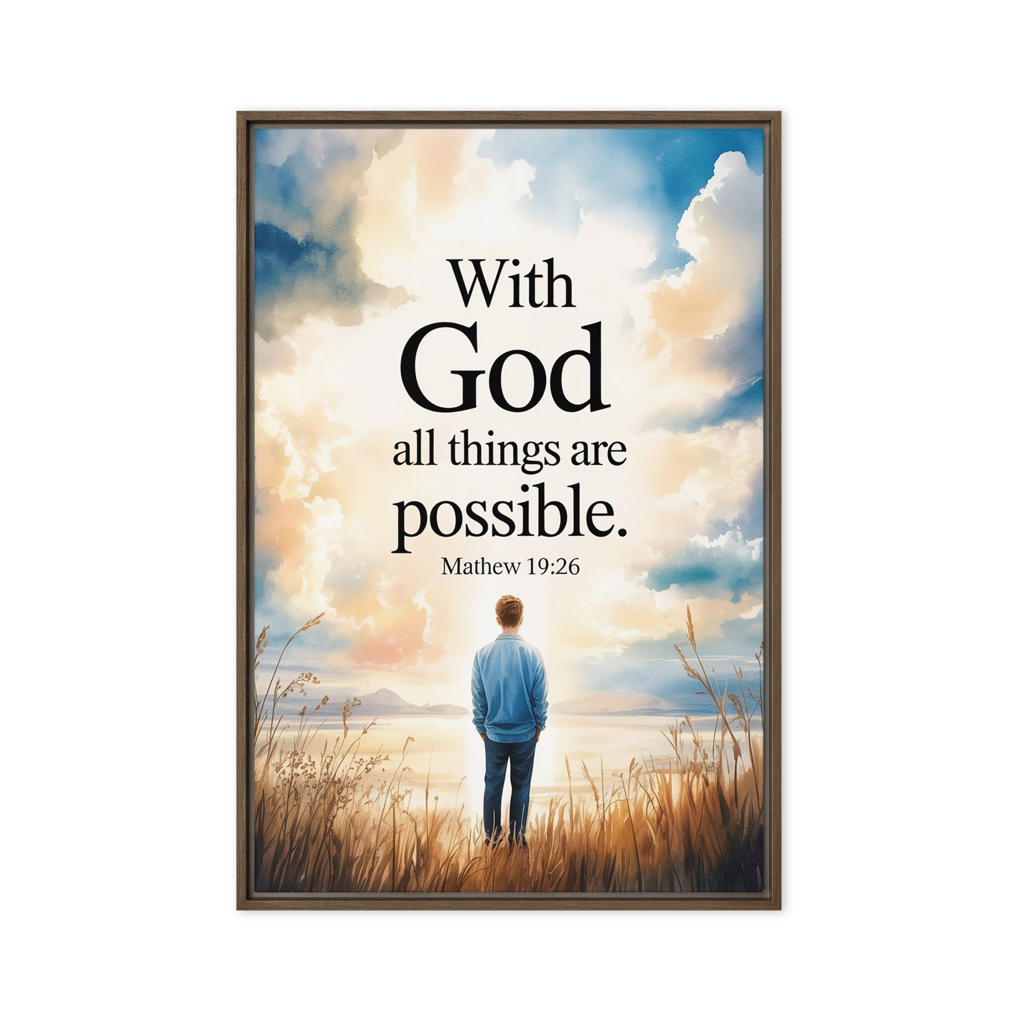 Matthew 19:26 Bible Verse Jesus Framed Canvas Brown 24″×36″