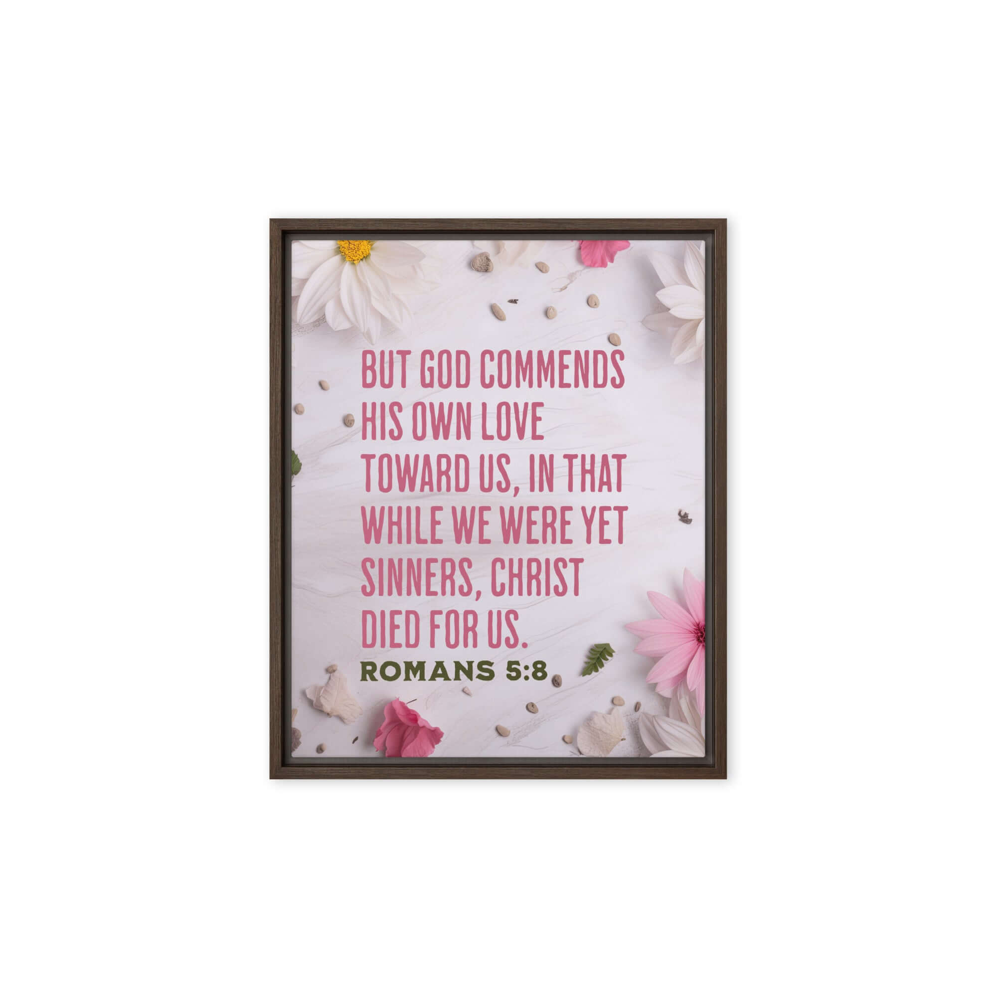 Romans 5:8 Bible Verse, Christ Died for Us Framed Canvas Print Wall Art Brown 8″×10″