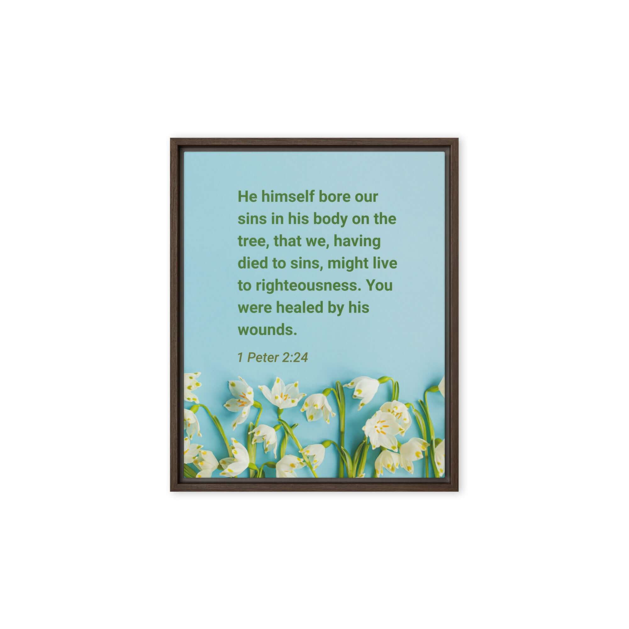 1 Peter 2:24 Bible Verse, healed by His wounds Framed Canvas Print Wall Art Brown 8″×10″