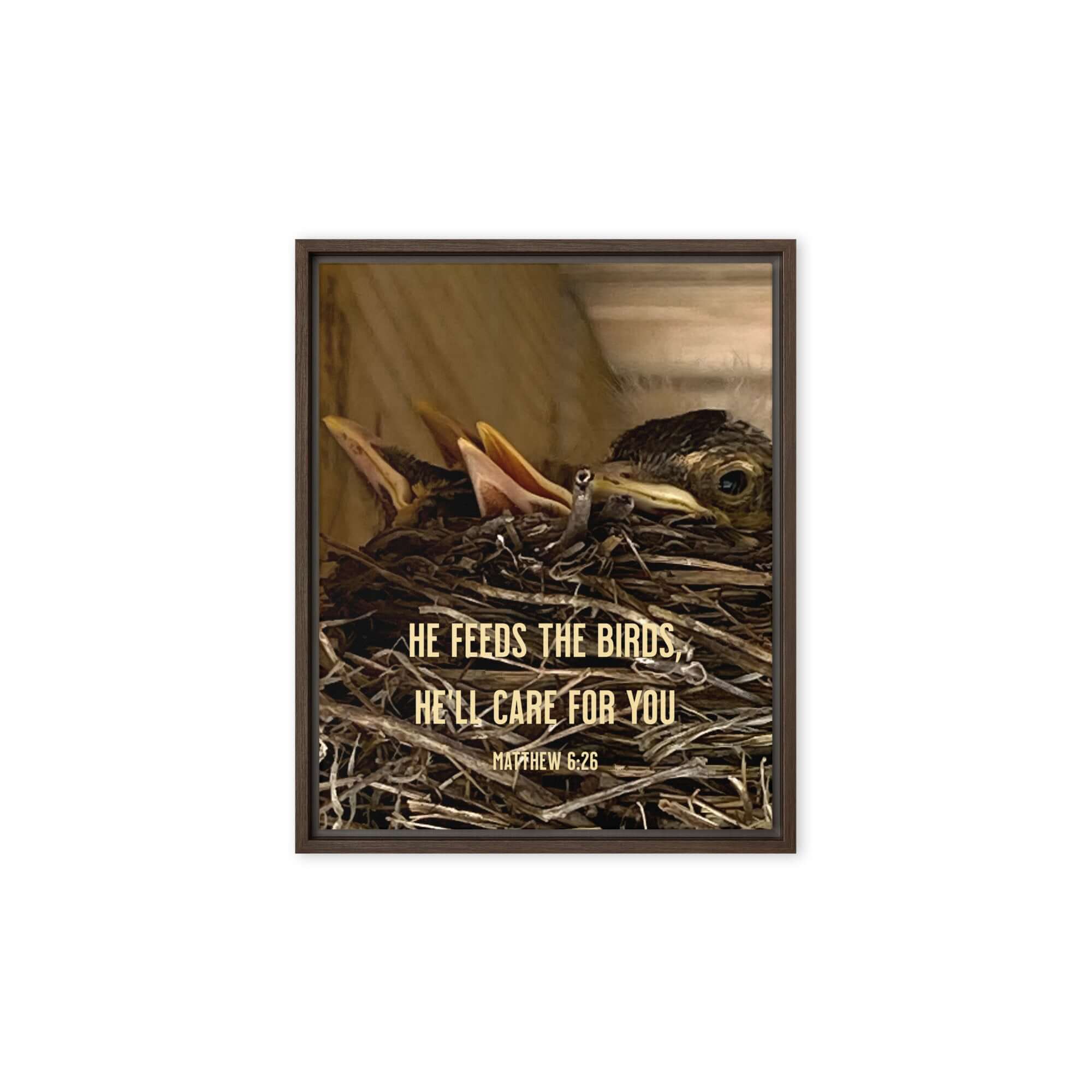 Matthew 6:26 Baby Robins, He'll Care for You Framed Canvas Print Wall Art Brown 8″×10″