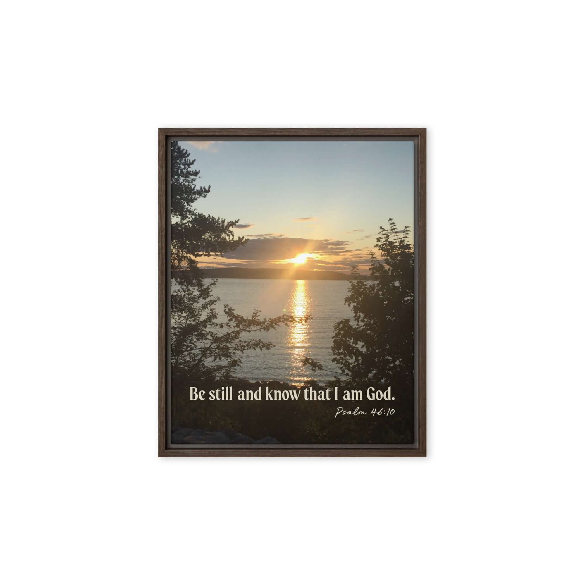 Psalm 46:10 Bible Verse, Sunset Glory Framed Canvas Print Wall Art Brown 8″×10″